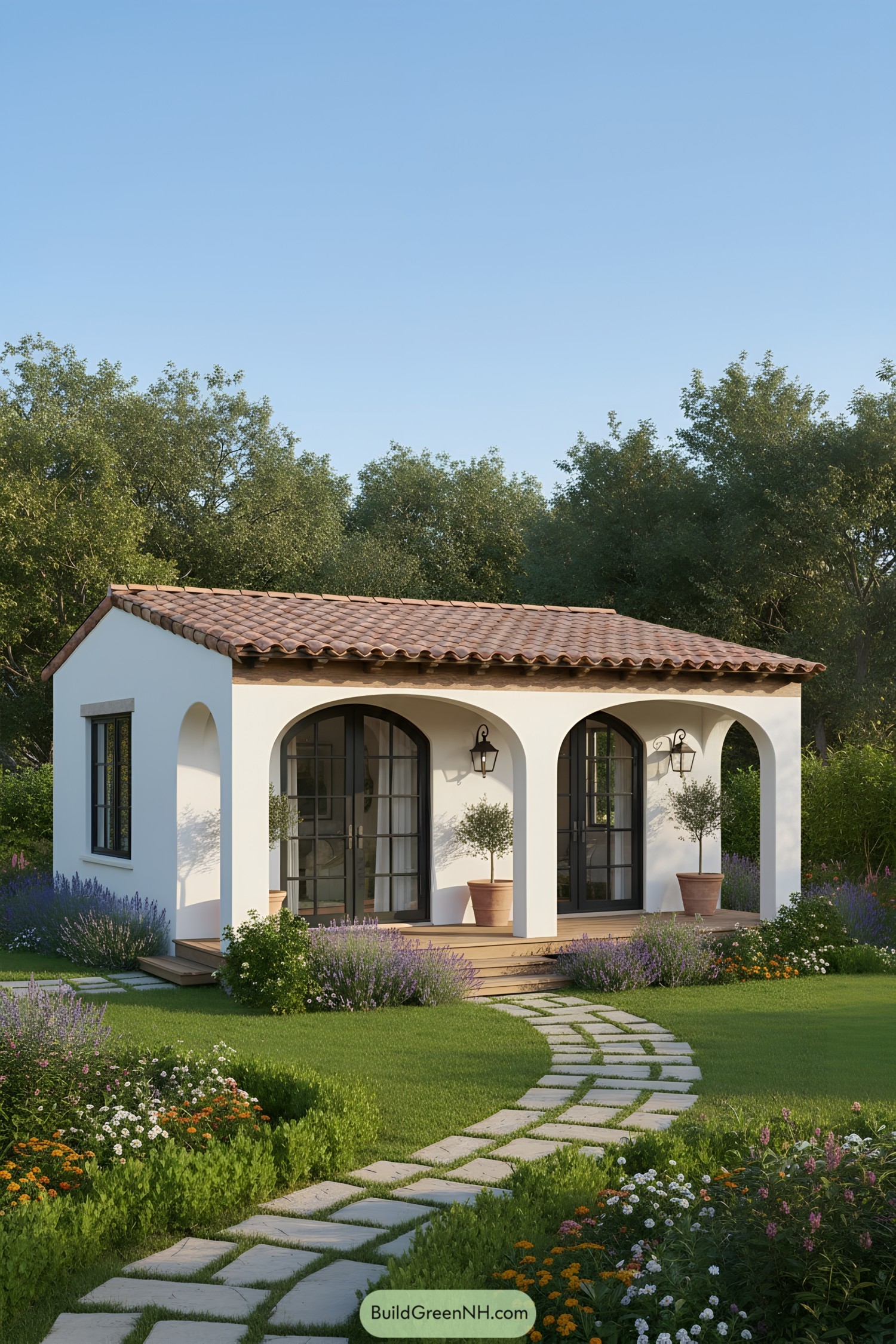 Small Mediterranean house with arched windows and a clay-tile roof