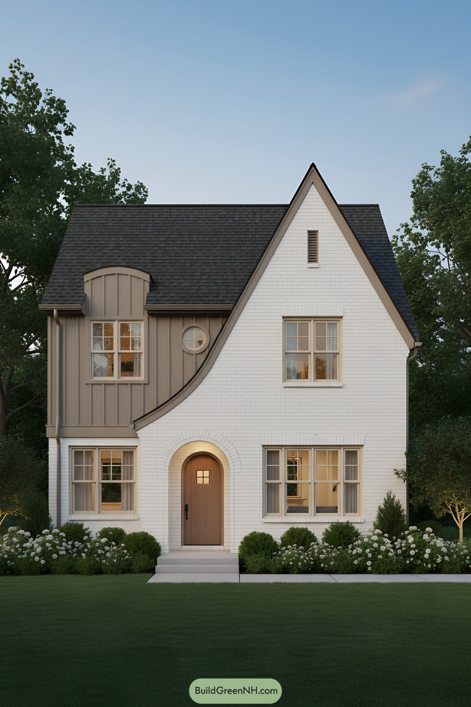 White brick cottage with steep gable, arched door, and curved eave