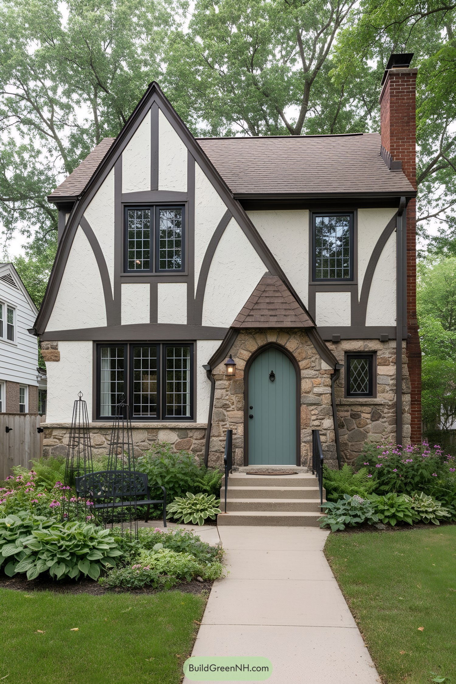 Small Tudor cottage with teal arched door, half-timber stucco, and stone base framed by lush plantings