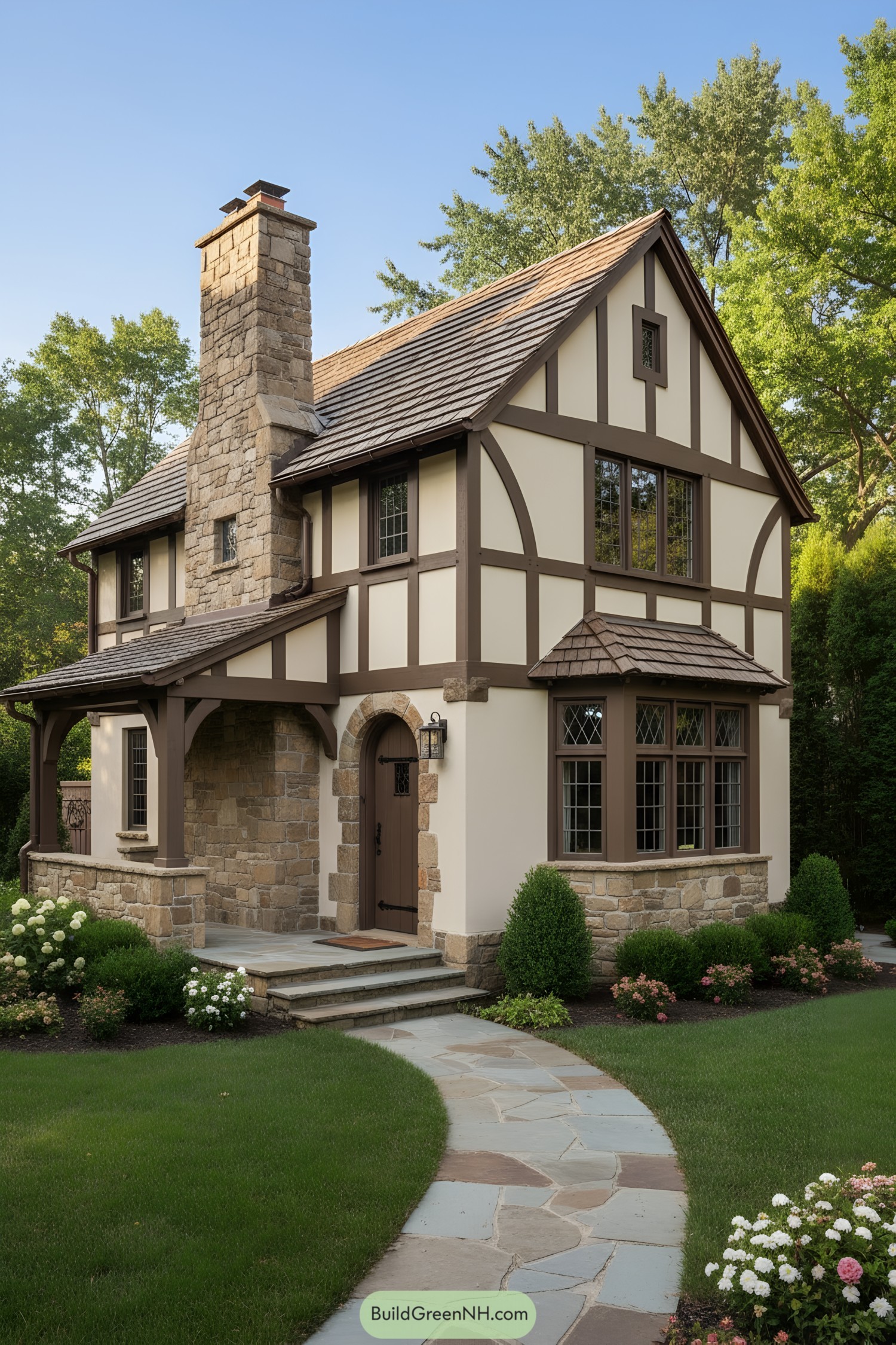 Small Tudor cottage with half-timbering, stone chimney, and leaded windows