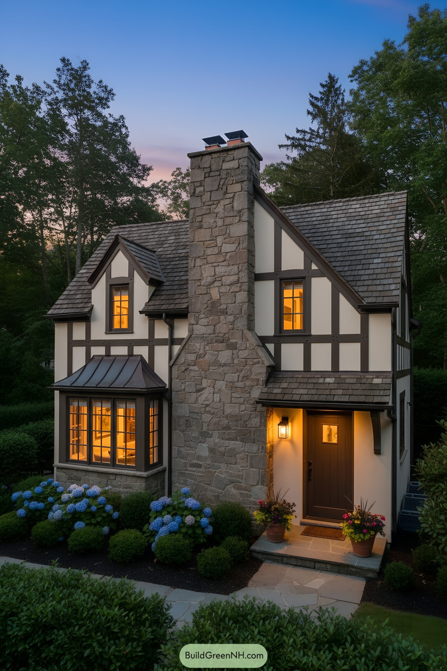 Compact Tudor cottage with stone chimney, steep gables, and glowing windows at dusk