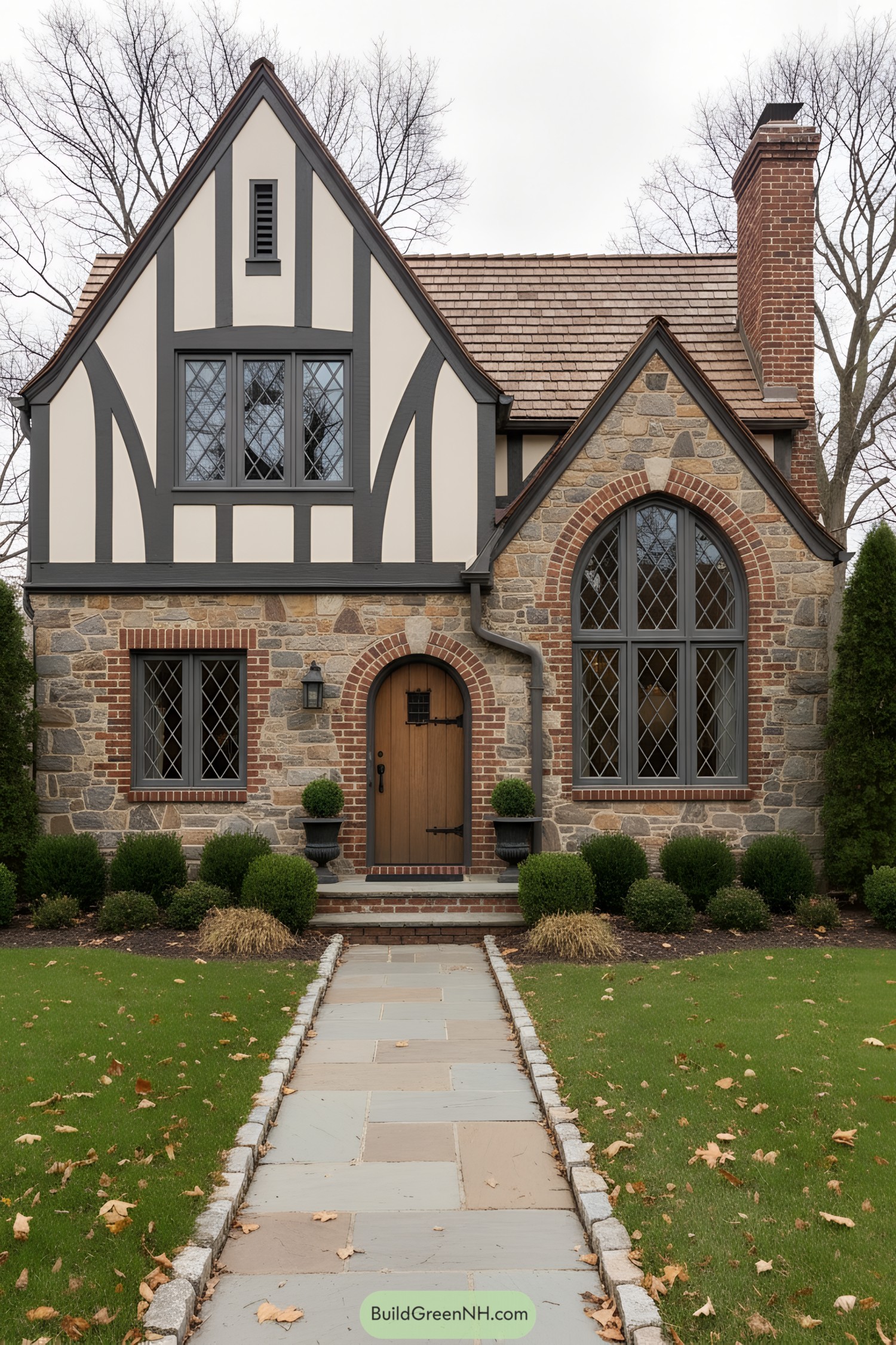 Stone-and-timber Tudor cottage with arched entry and diamond-pane windows