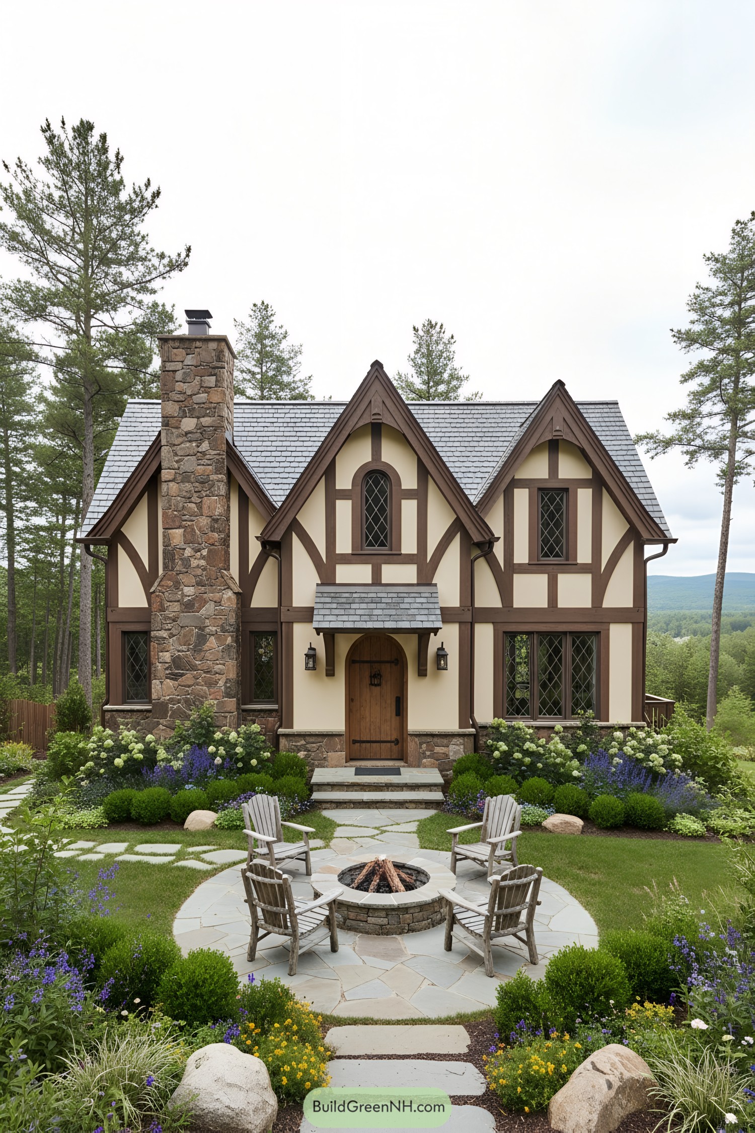 Small Tudor cottage with gables, stone chimney, and garden fire pit