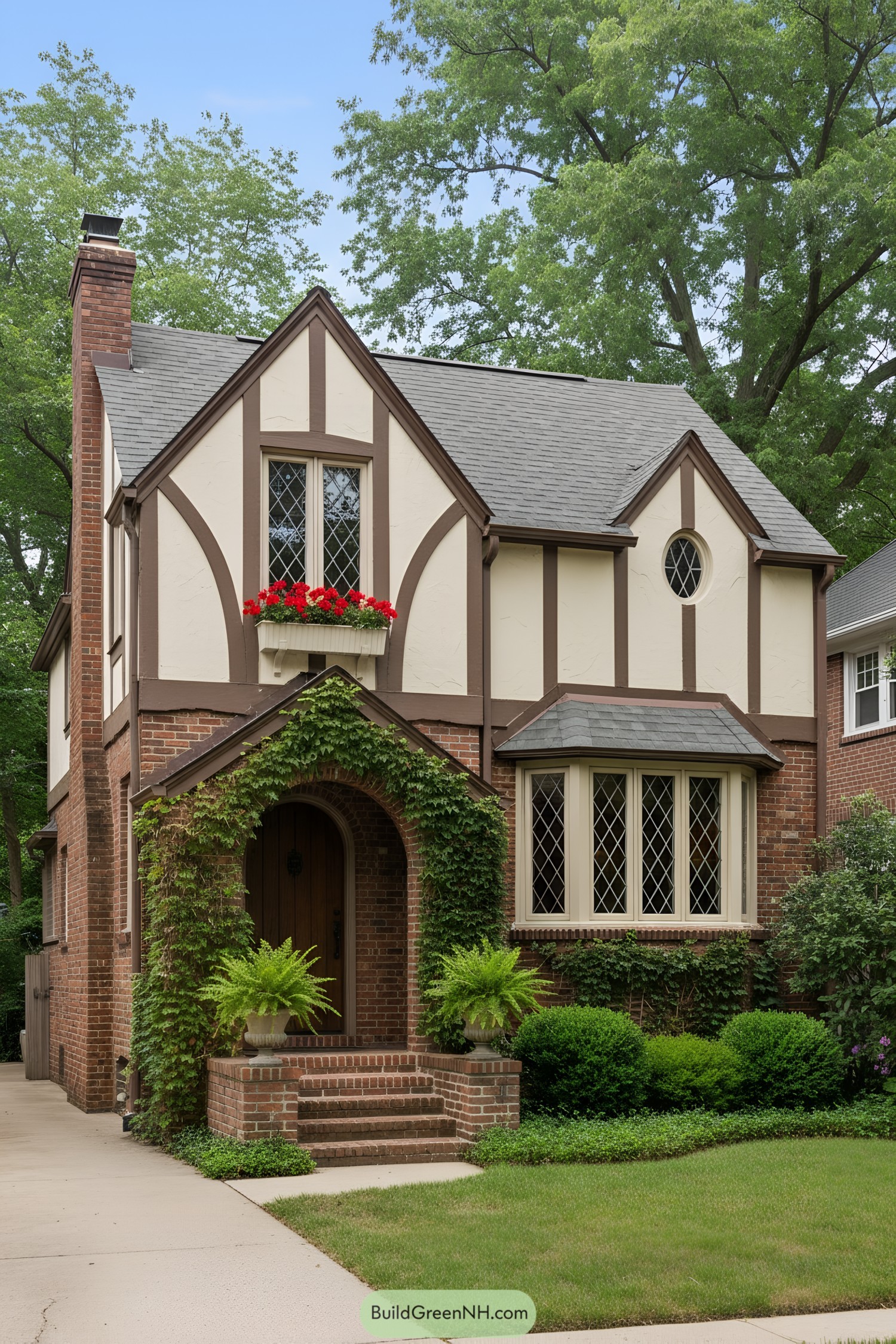 Small Tudor house with brick, half-timbering, and leaded windows