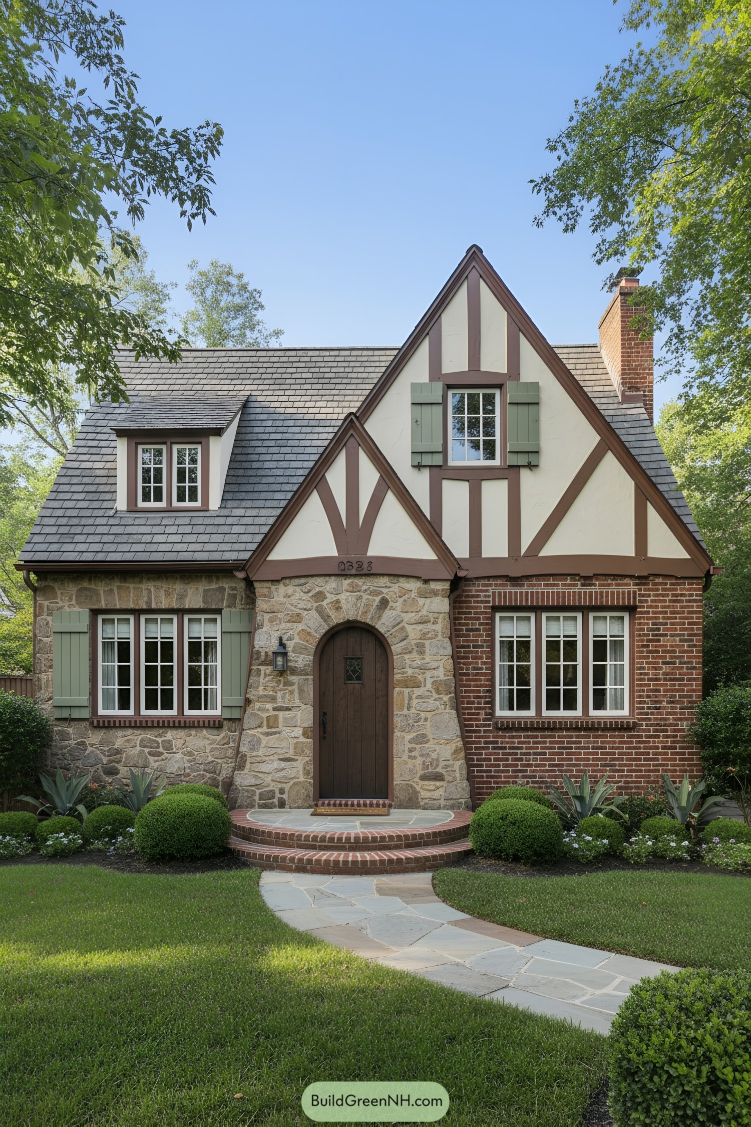 Small Tudor cottage with stone, brick, timbering, and sage-green shutters