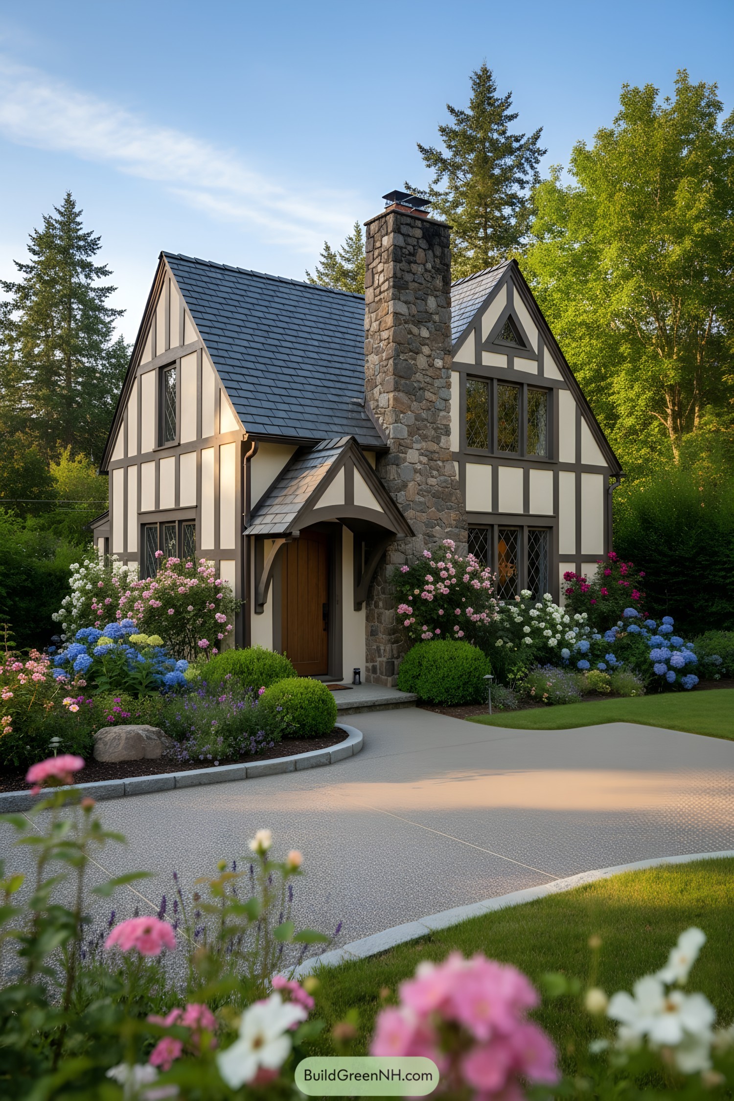 Compact Tudor cottage with stone chimney, slate roof, half-timbering, and lush flower gardens