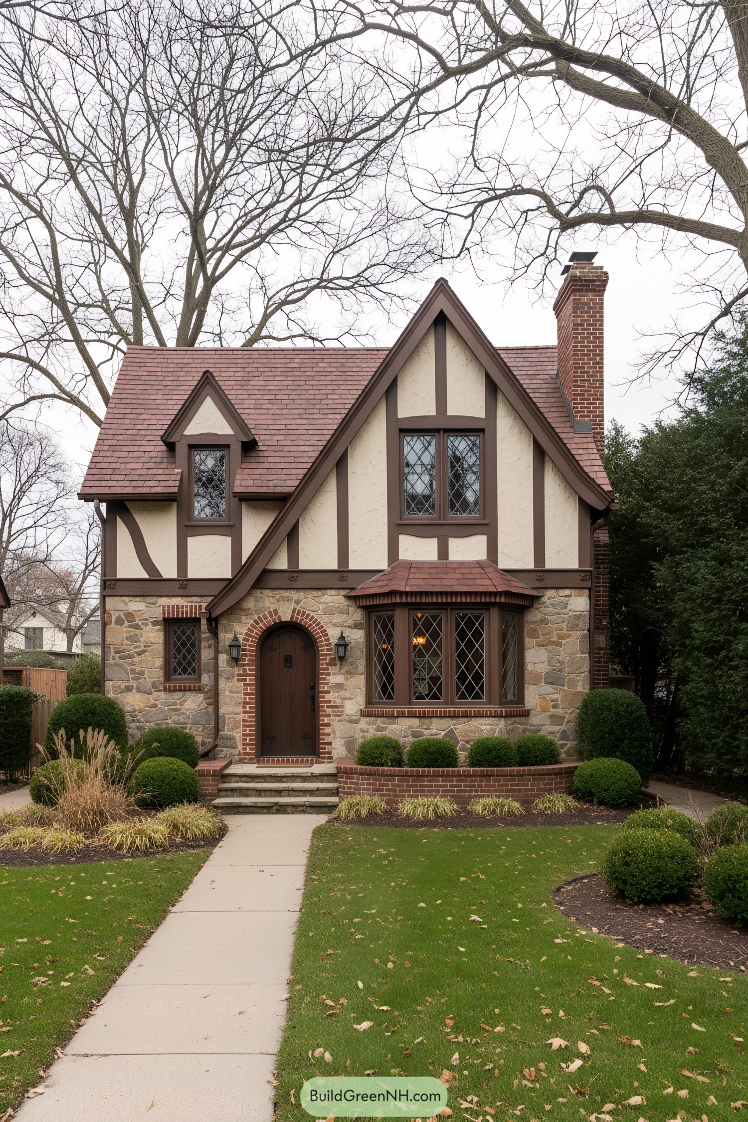 Small Tudor cottage with steep gables, stone base, and diamond-pane windows