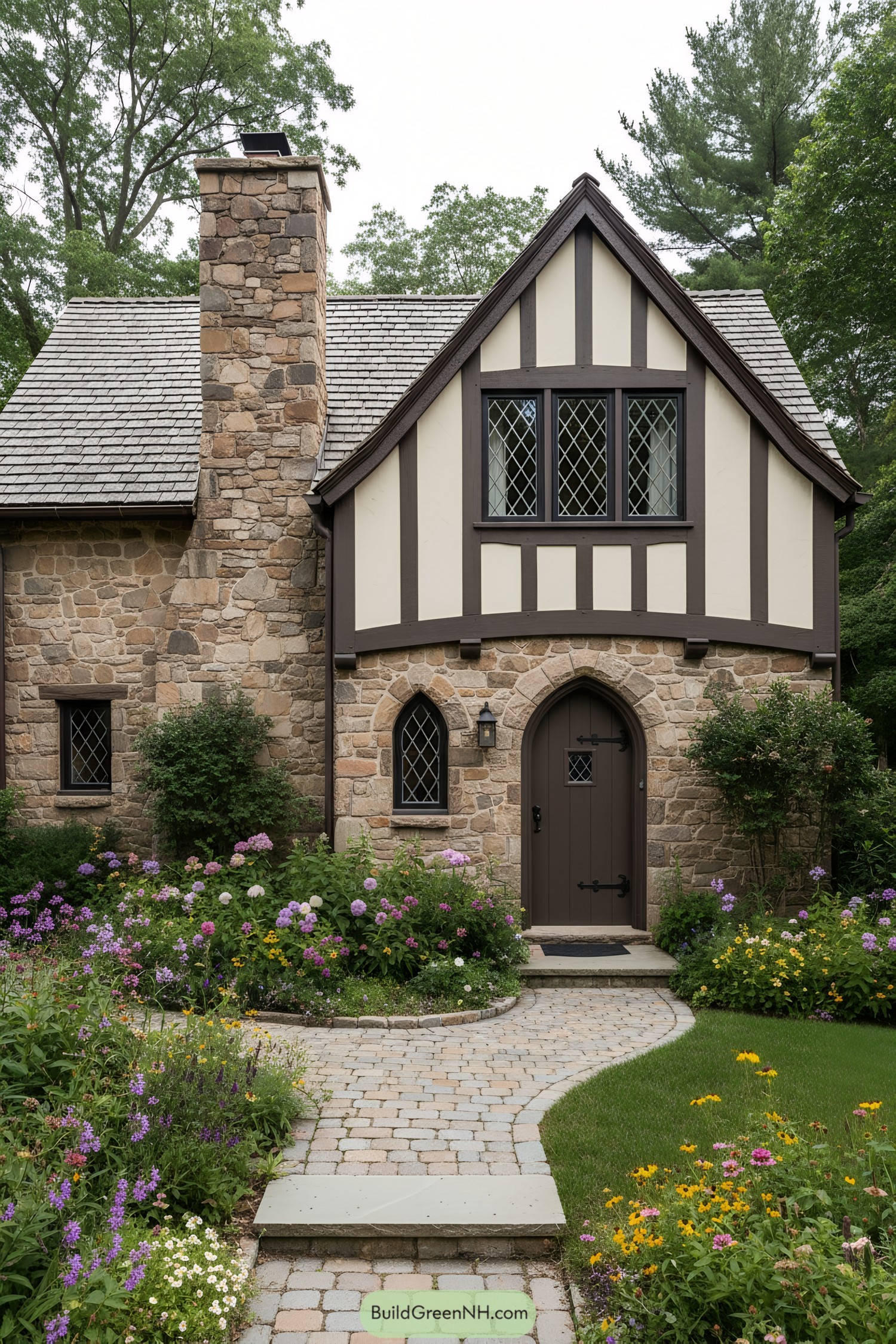 Stone-and-timber Tudor cottage with arched door