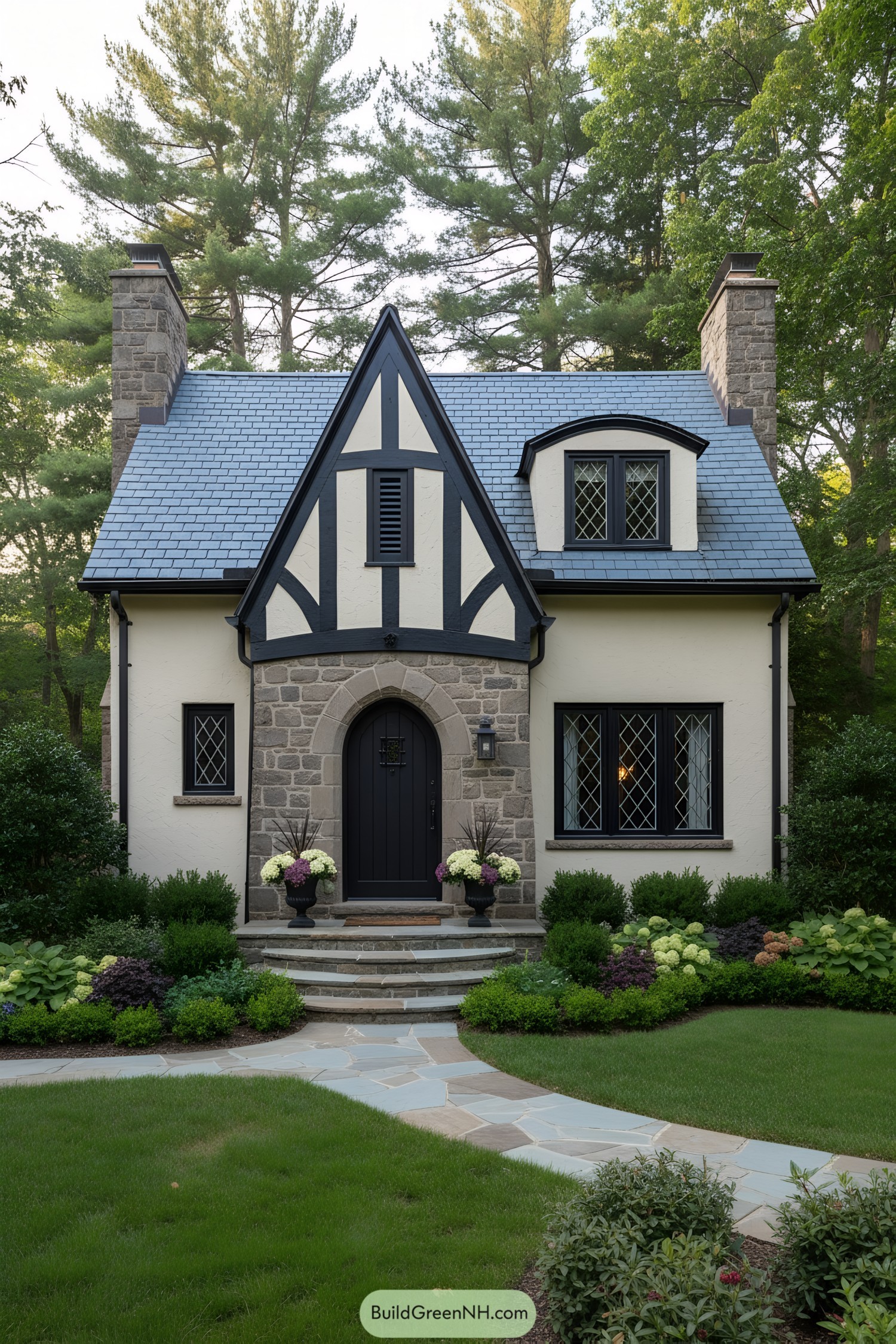 Compact Tudor cottage with steep slate roof, arched stone entry, and half-timbered gable
