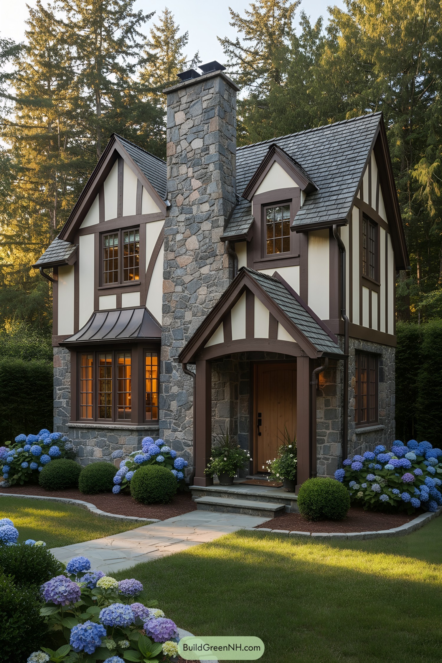 Compact Tudor cottage with stone chimney, half-timber gables, and hydrangea-lined path