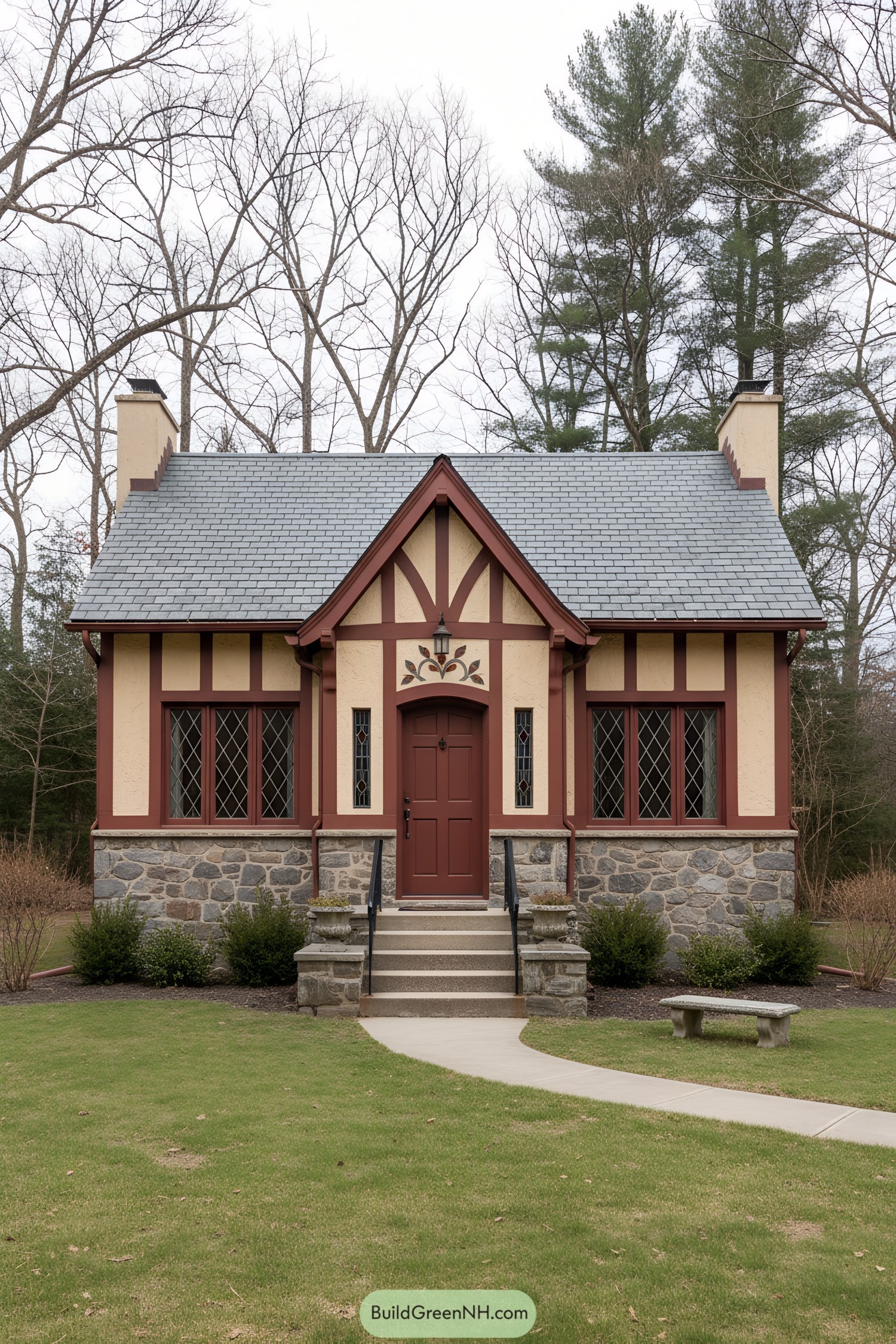 Small Tudor cottage with red trim, half-timbering, stone base, and slate roof