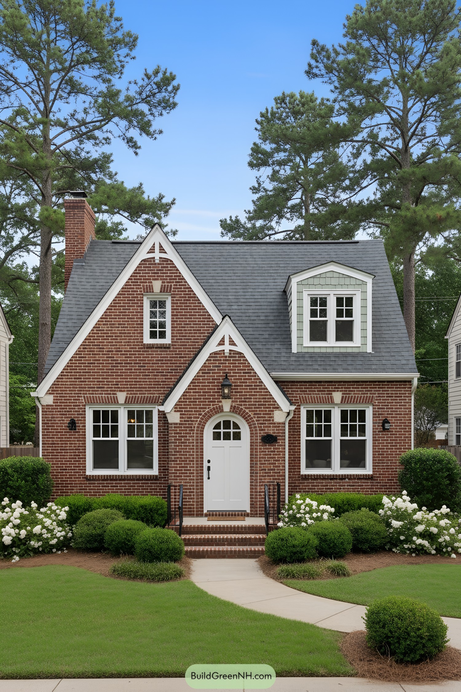 Red-brick Tudor cottage with steep gables, dormer, and arched entry flanked by manicured shrubs