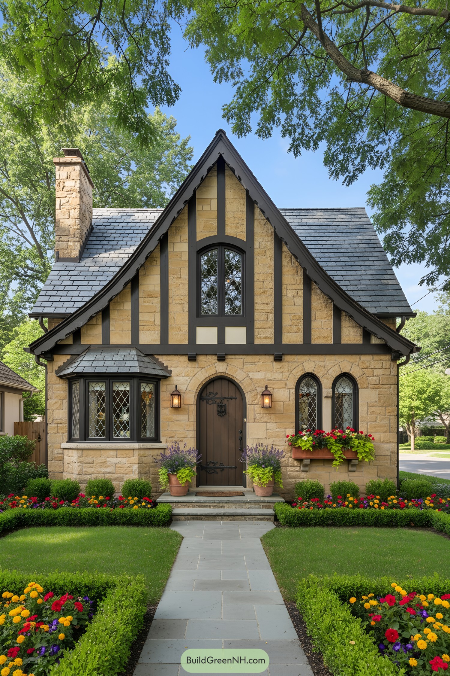 Small Tudor cottage with stone facade, steep gables, and leaded windows framed by dark timber