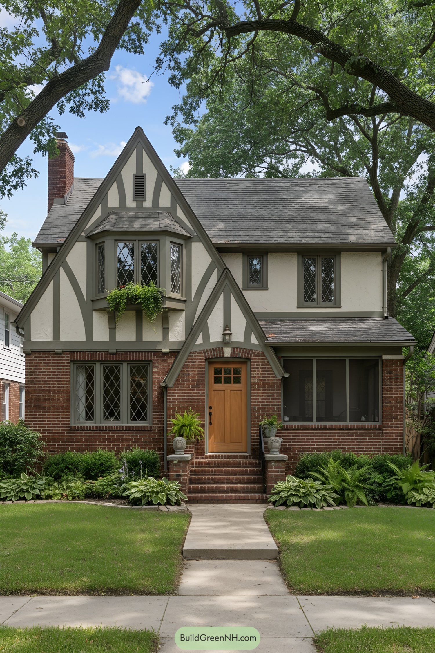 Two-story brick-and-stucco Tudor with steep gables and diamond-leaded windows