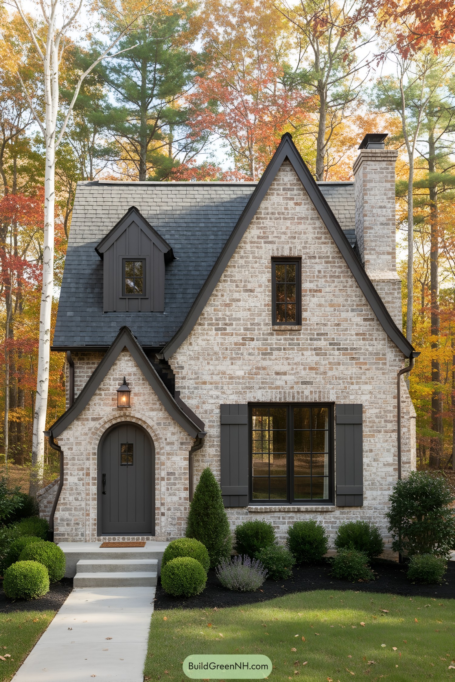 Compact Tudor brick cottage with steep gables and dark trim, set amid autumn trees