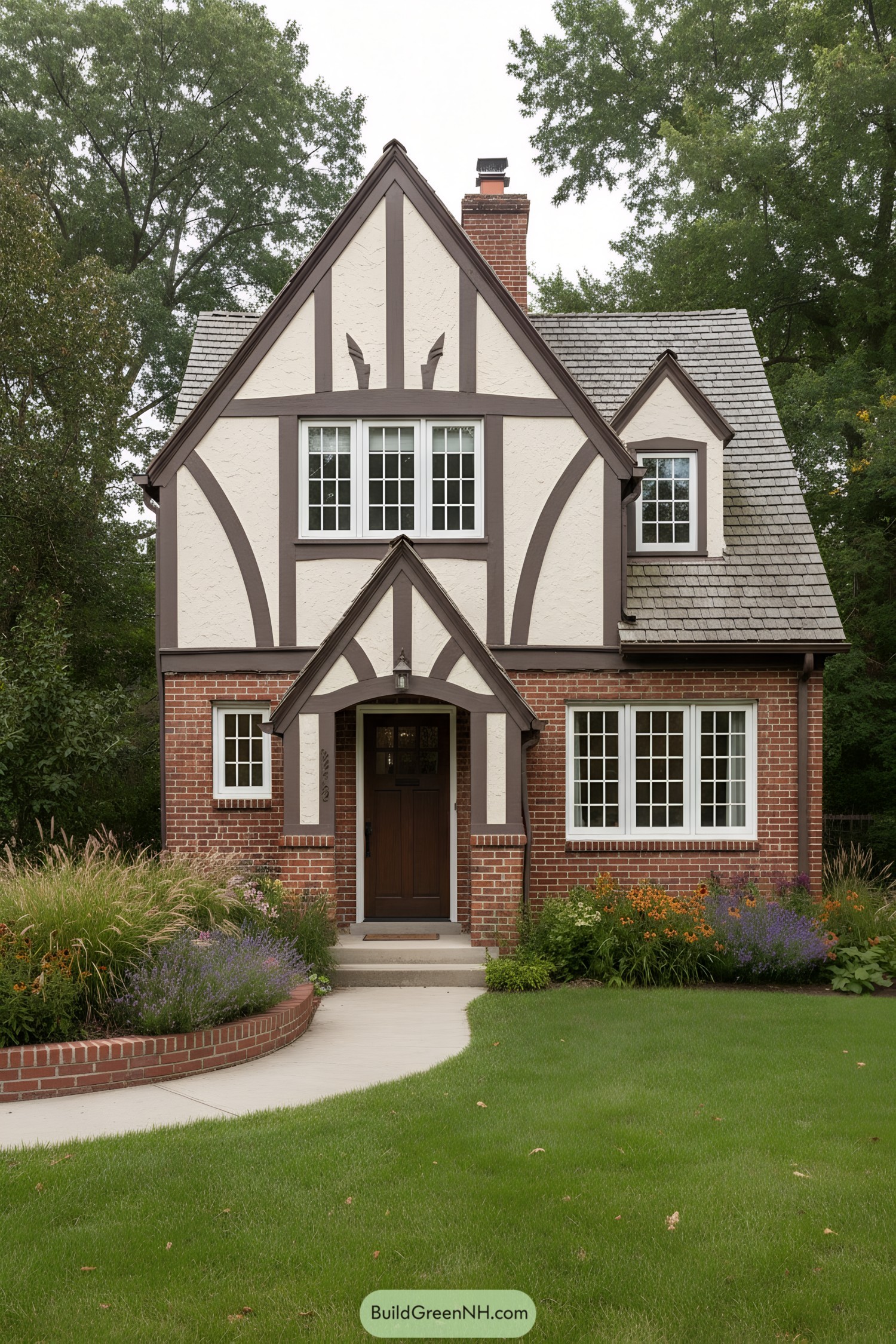 Compact Tudor cottage with brick base, steep gables, and decorative half-timbering