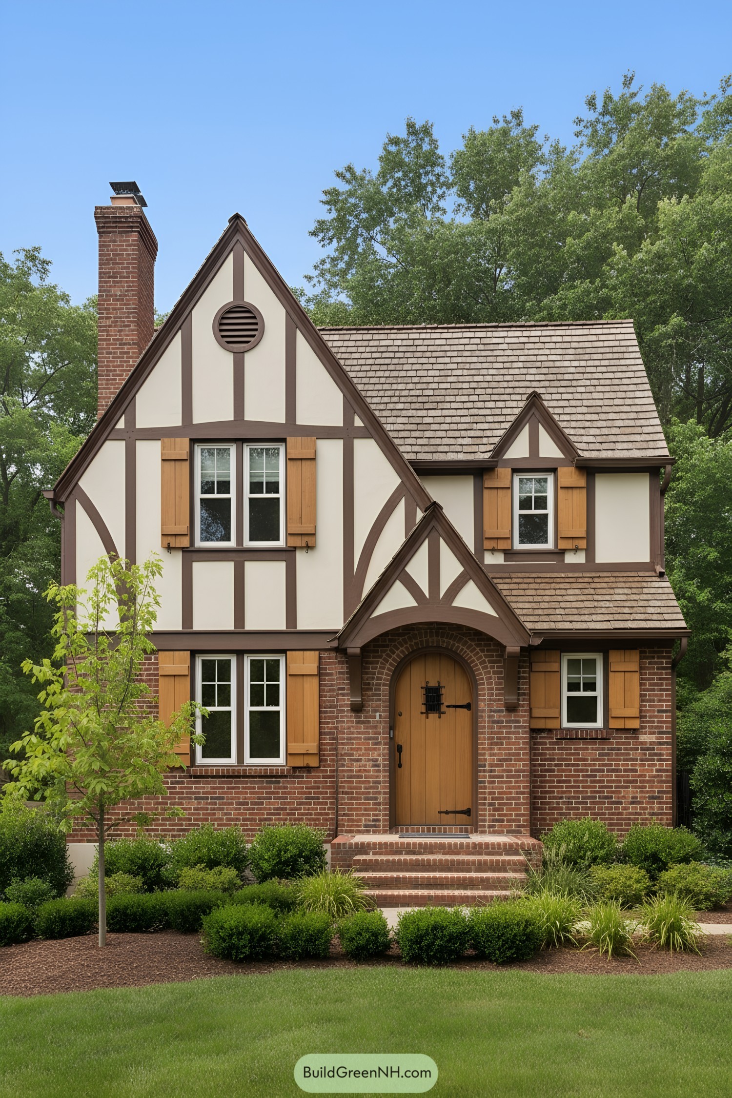 Compact Tudor cottage with brick base, steep gables, timbering, and arched oak door
