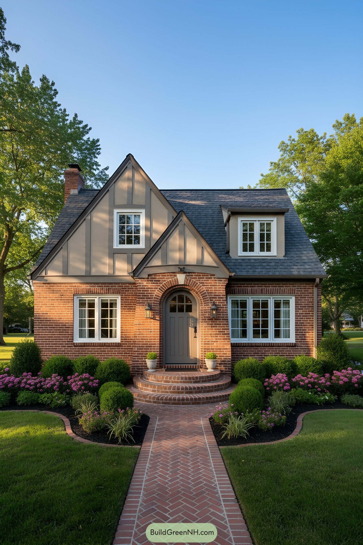Compact brick Tudor with steep gables