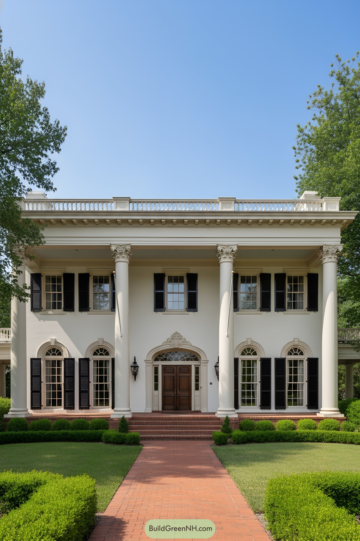 Grand neoclassical house with towering columns and black shutters