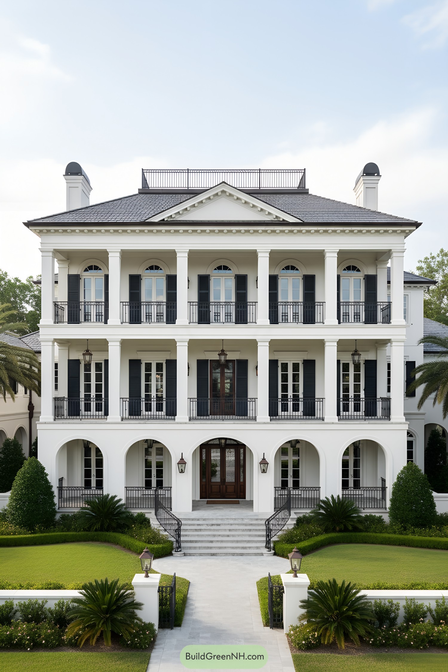 Symmetrical white mansion with columned double balconies