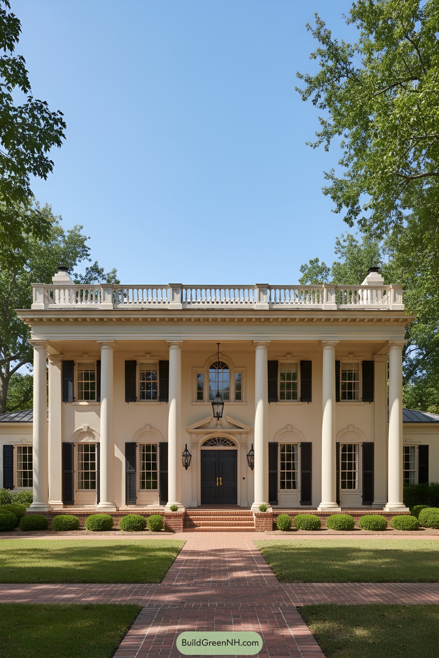 Two-story southern colonial with grand columns, black shutters, and a rooftop balustrade