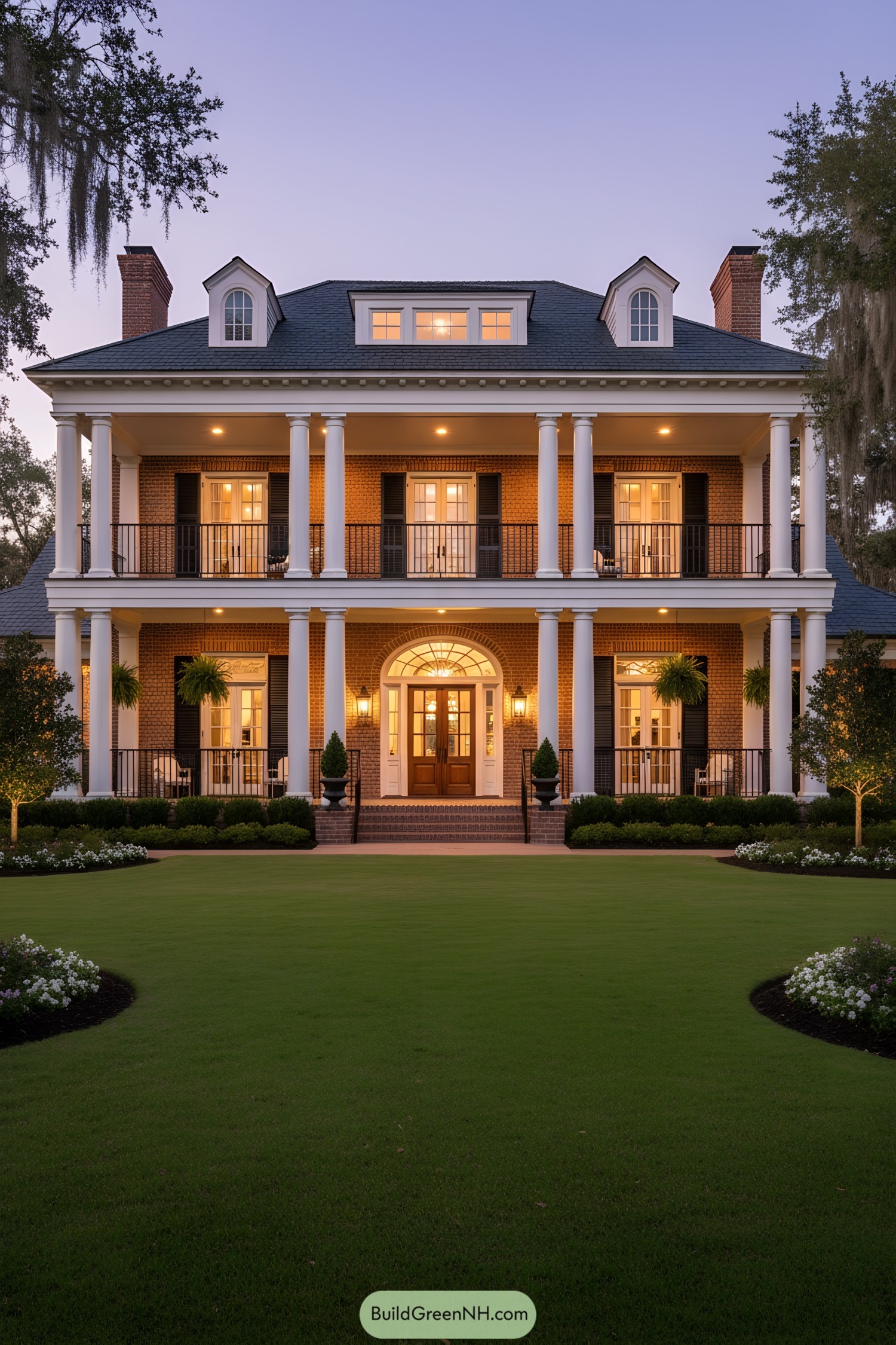 Three-story brick Southern home with double stacked porches, white columns, and dormer windows at dusk
