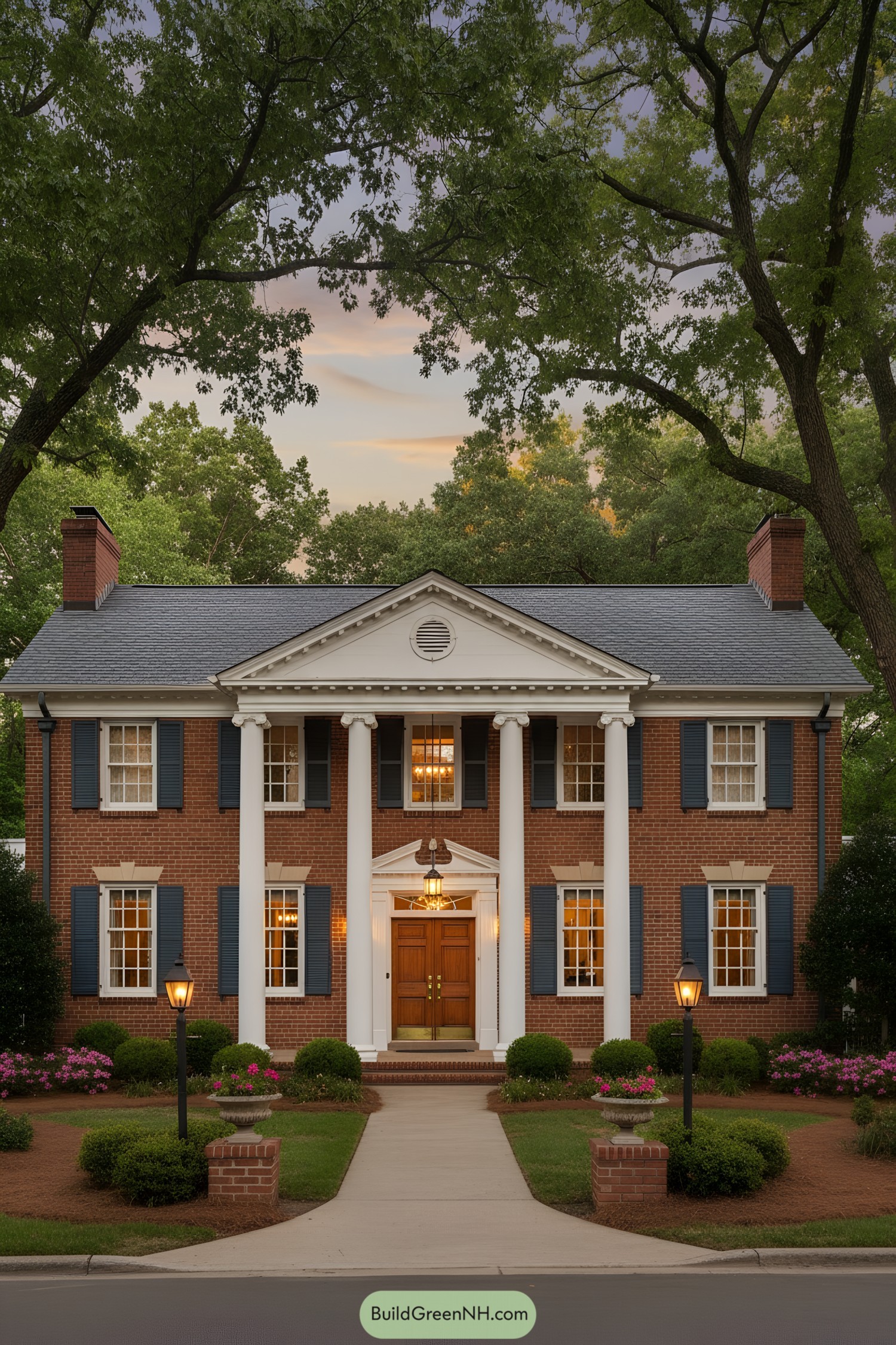 Red-brick colonial with blue shutters and grand portico