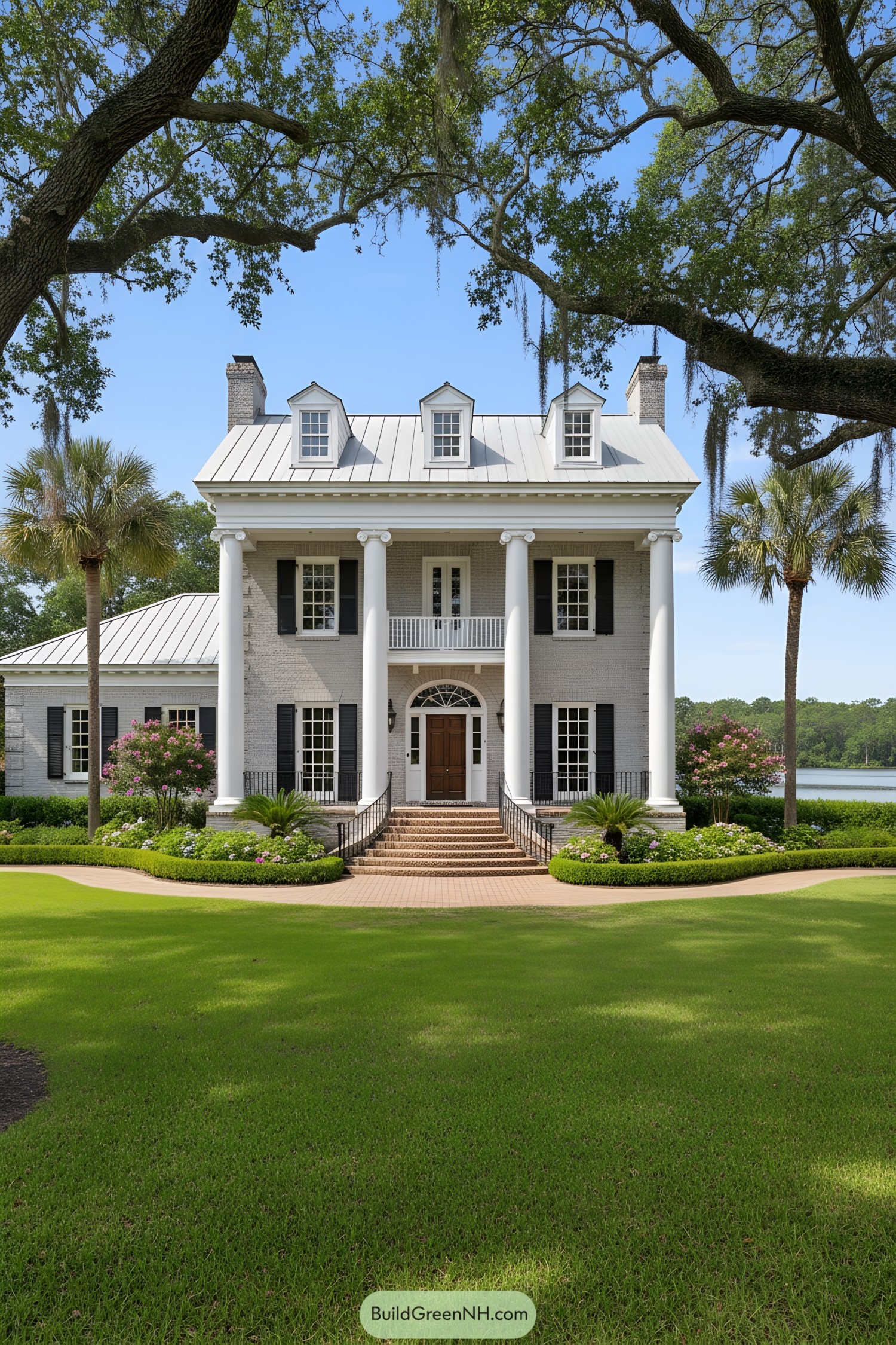 White-brick Southern home with tall columns and dormers