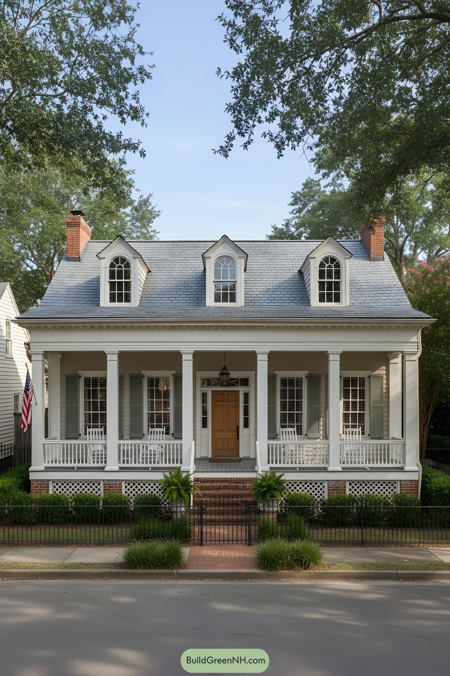 Southern colonial home with tall porch columns, dormer windows, and a welcoming front stoop