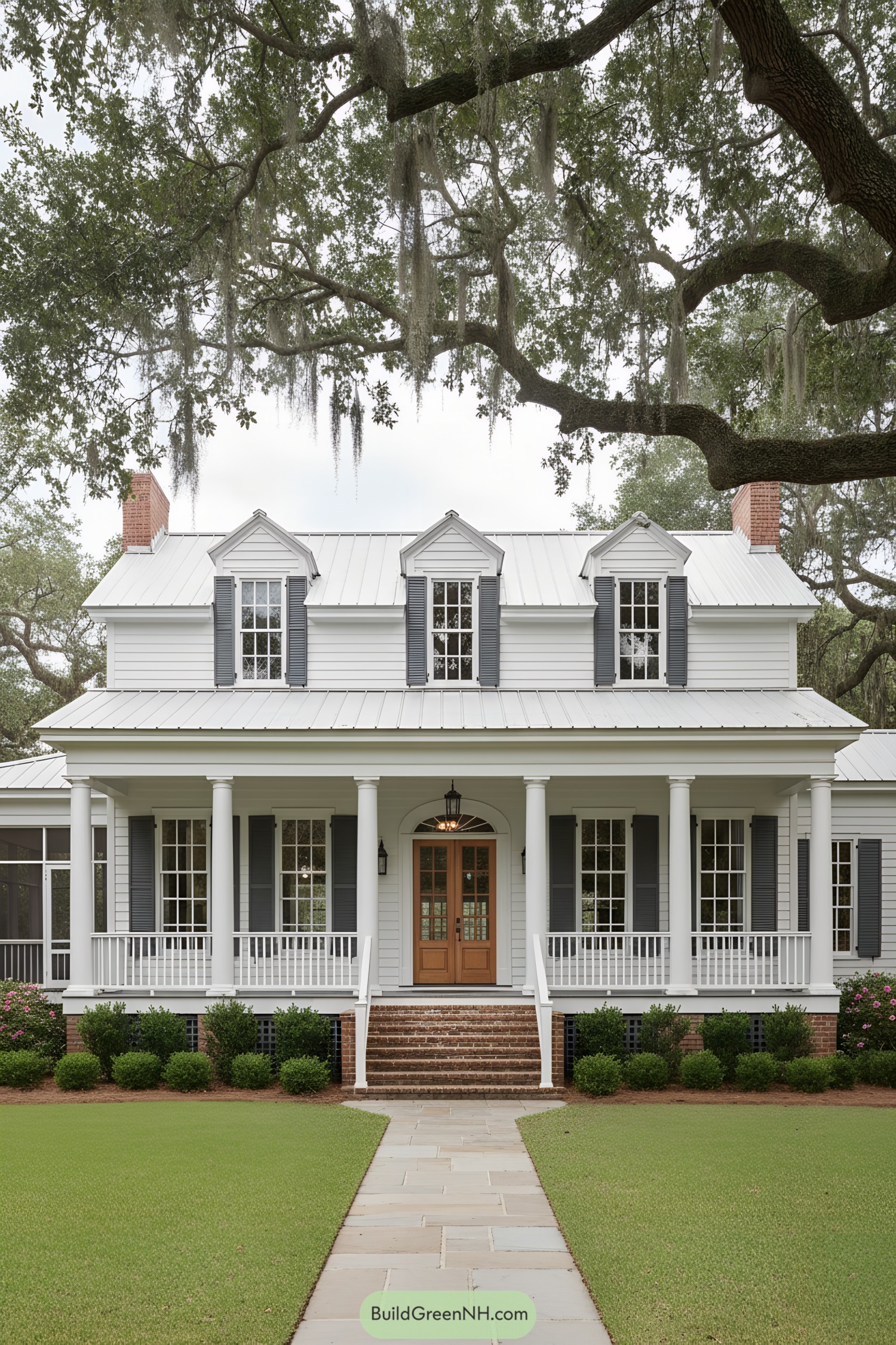 White clapboard Southern home with deep porch, columns, dormers, and blue shutters under oak trees
