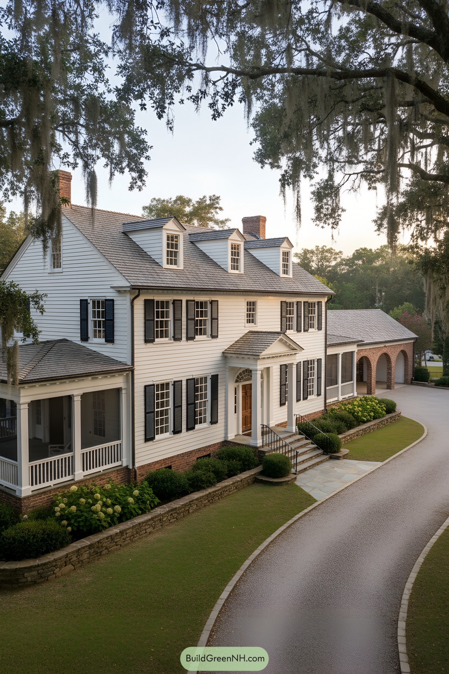 White-clapboard colonial with dormers and black shutters, screened porches, and brick base