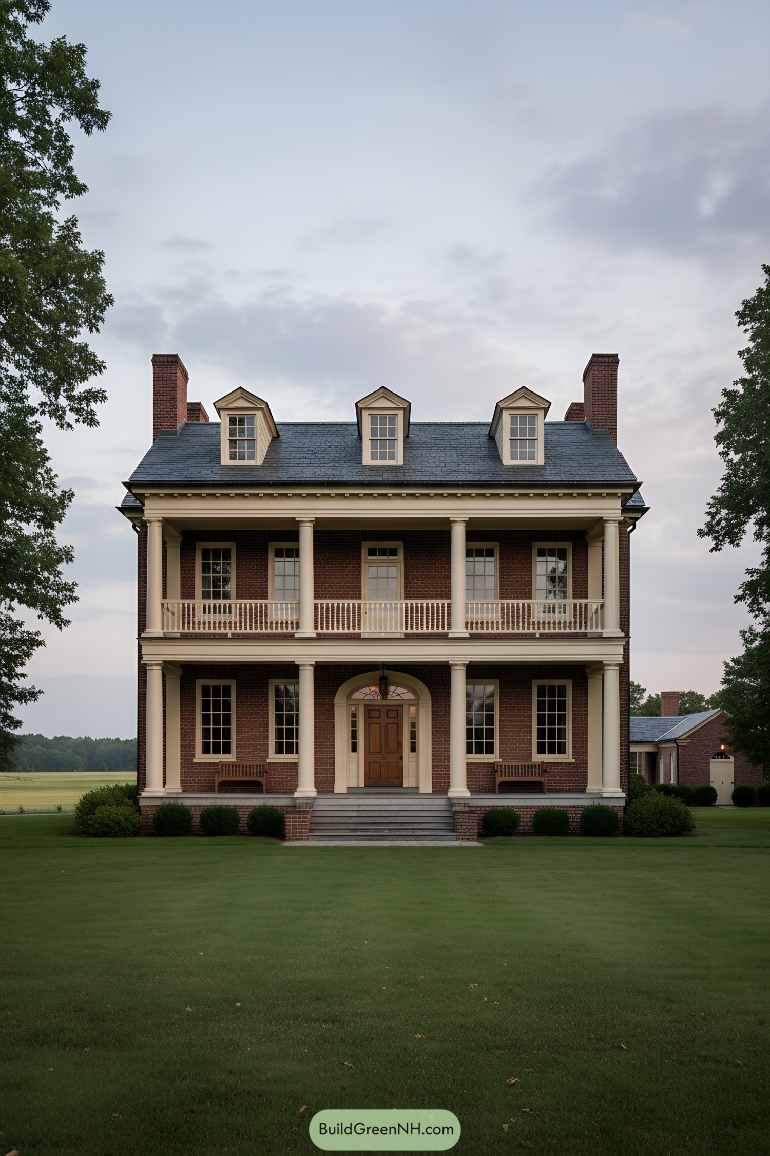 Two-story brick colonial with double porches and dormers