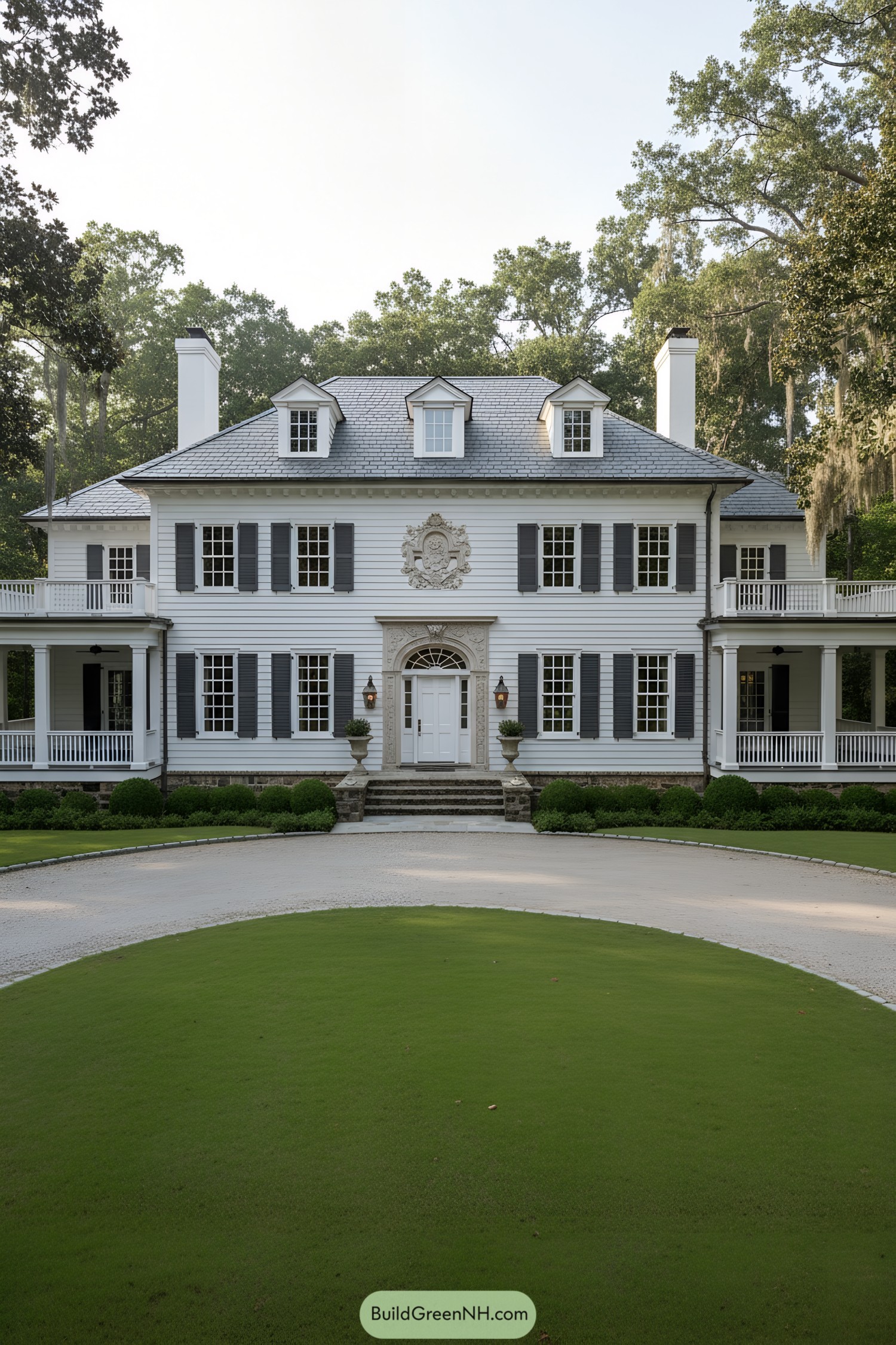 White clapboard manor with slate roof, dormers, and dark shutters flanking a carved central crest and arched entry