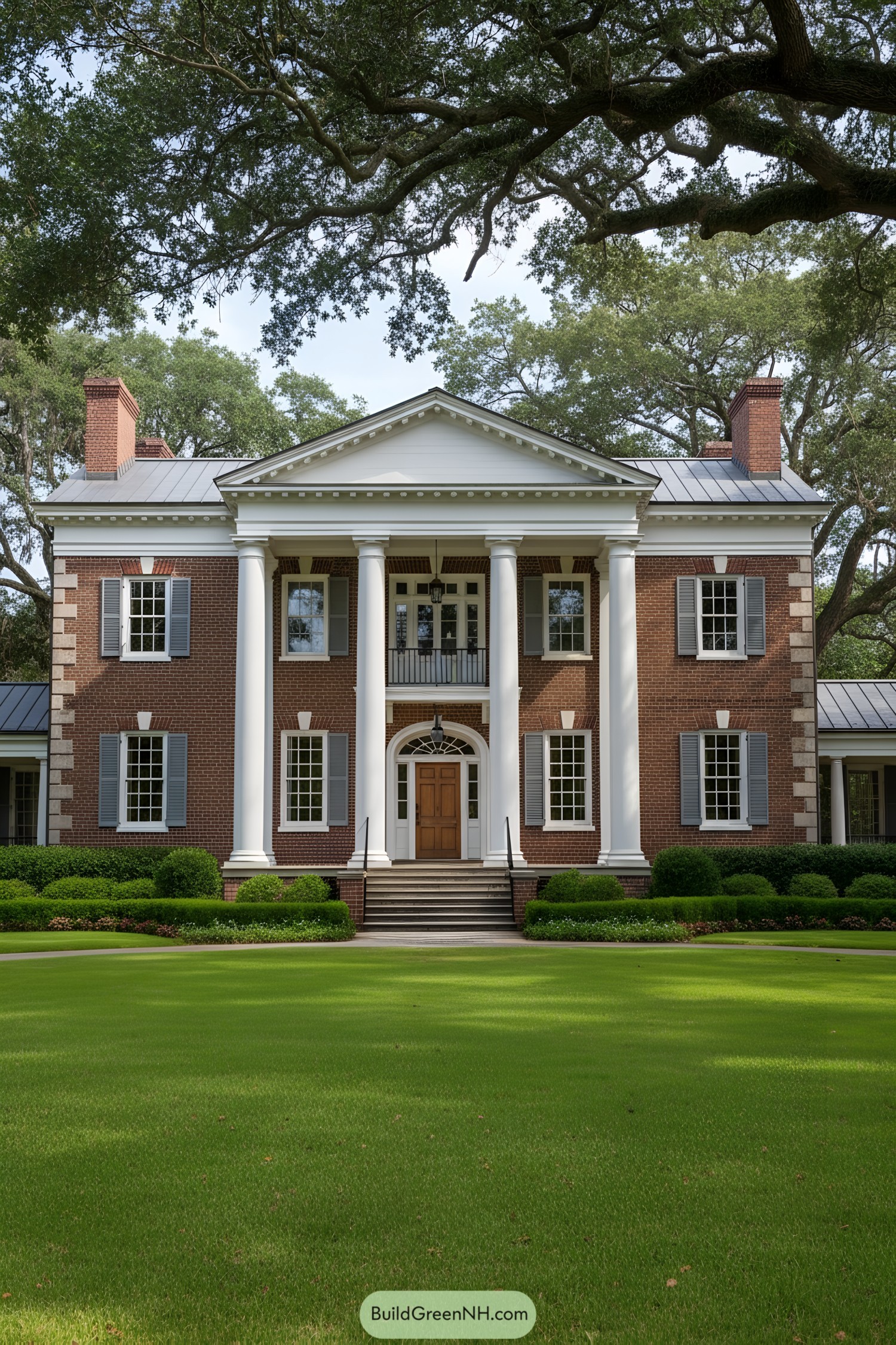 Red-brick Southern manor with grand columned portico