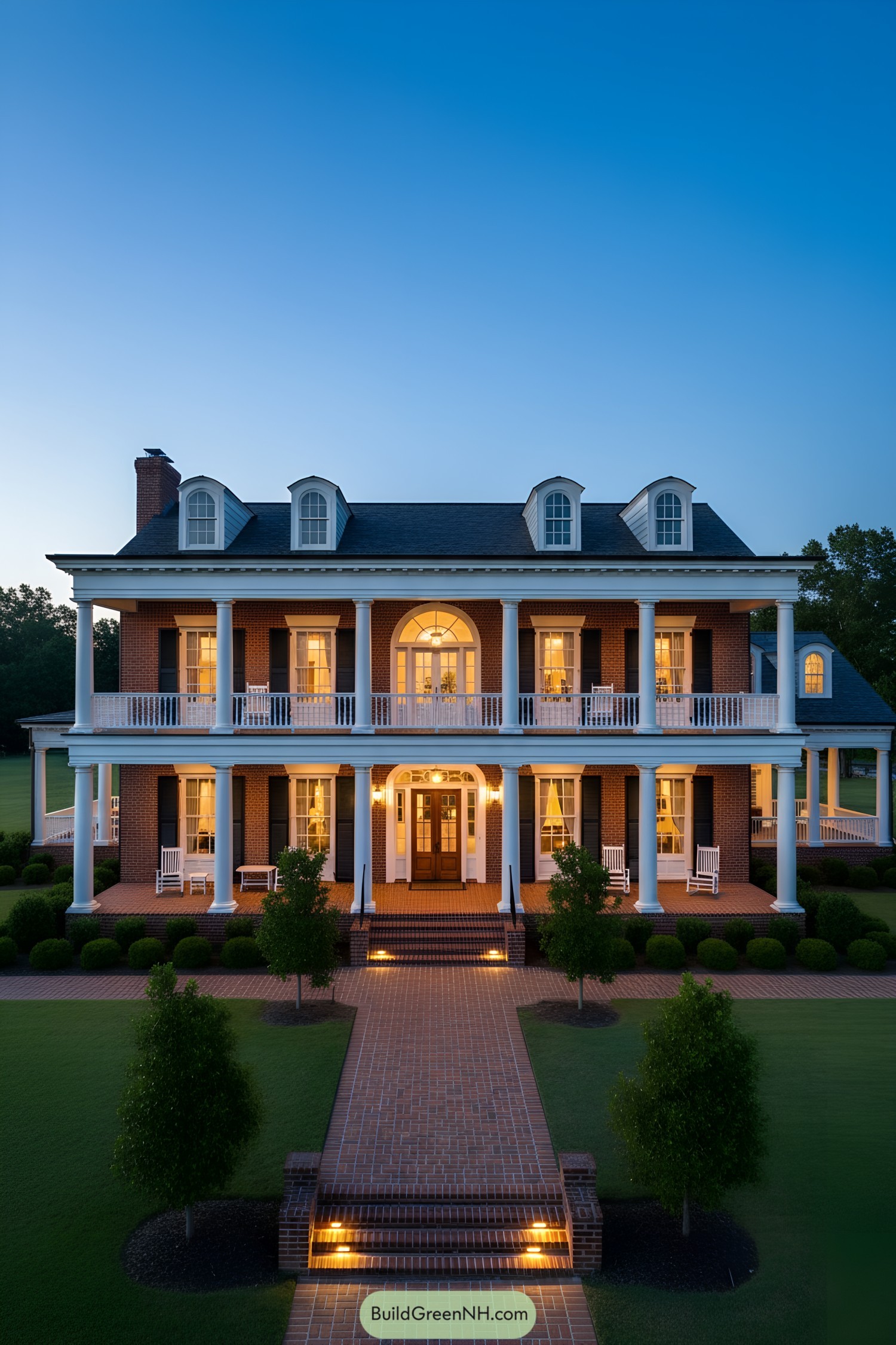 Two-story brick Southern home with double wraparound porches, white columns, and dormer windows at dusk