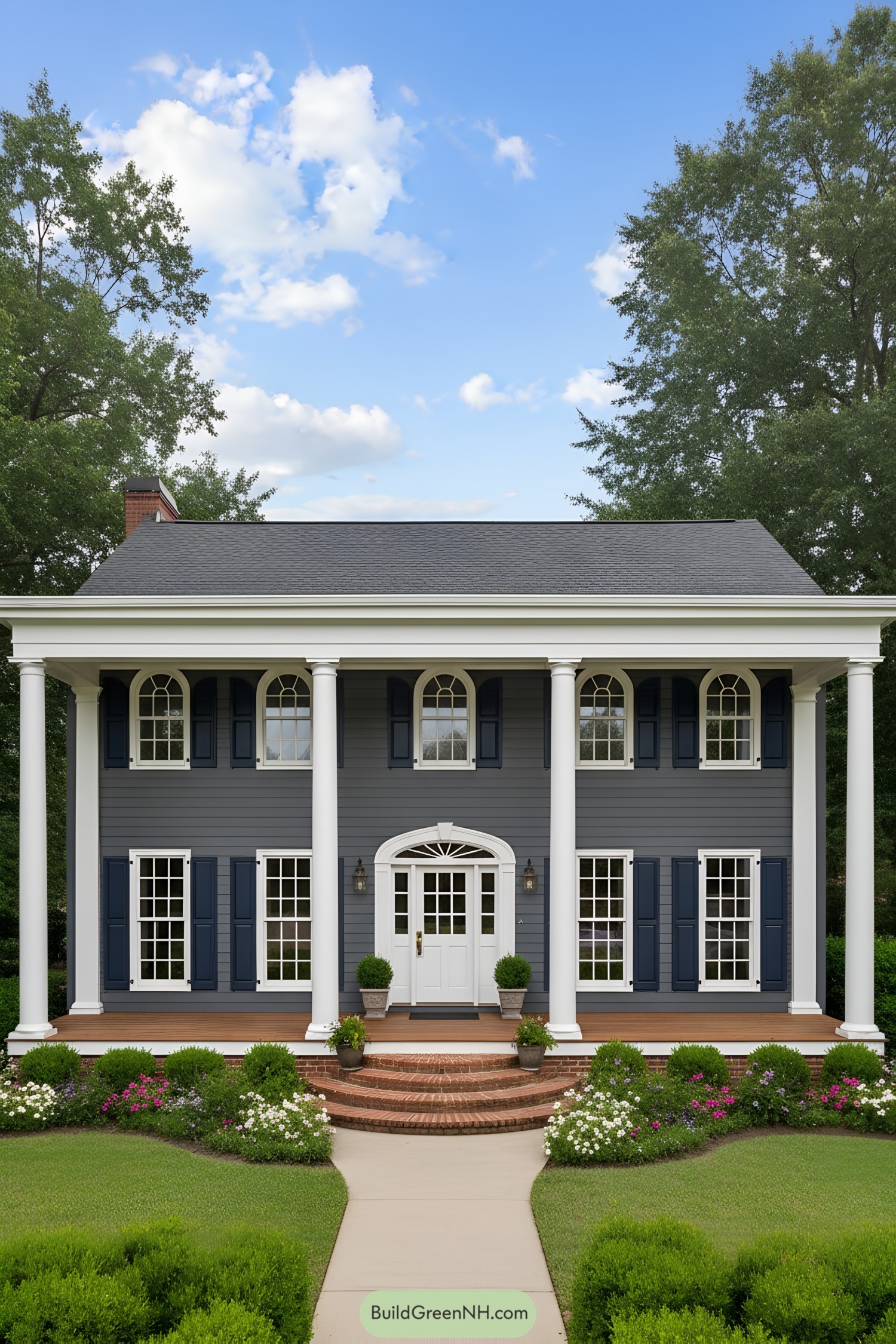 Two-story gray colonial with grand columns