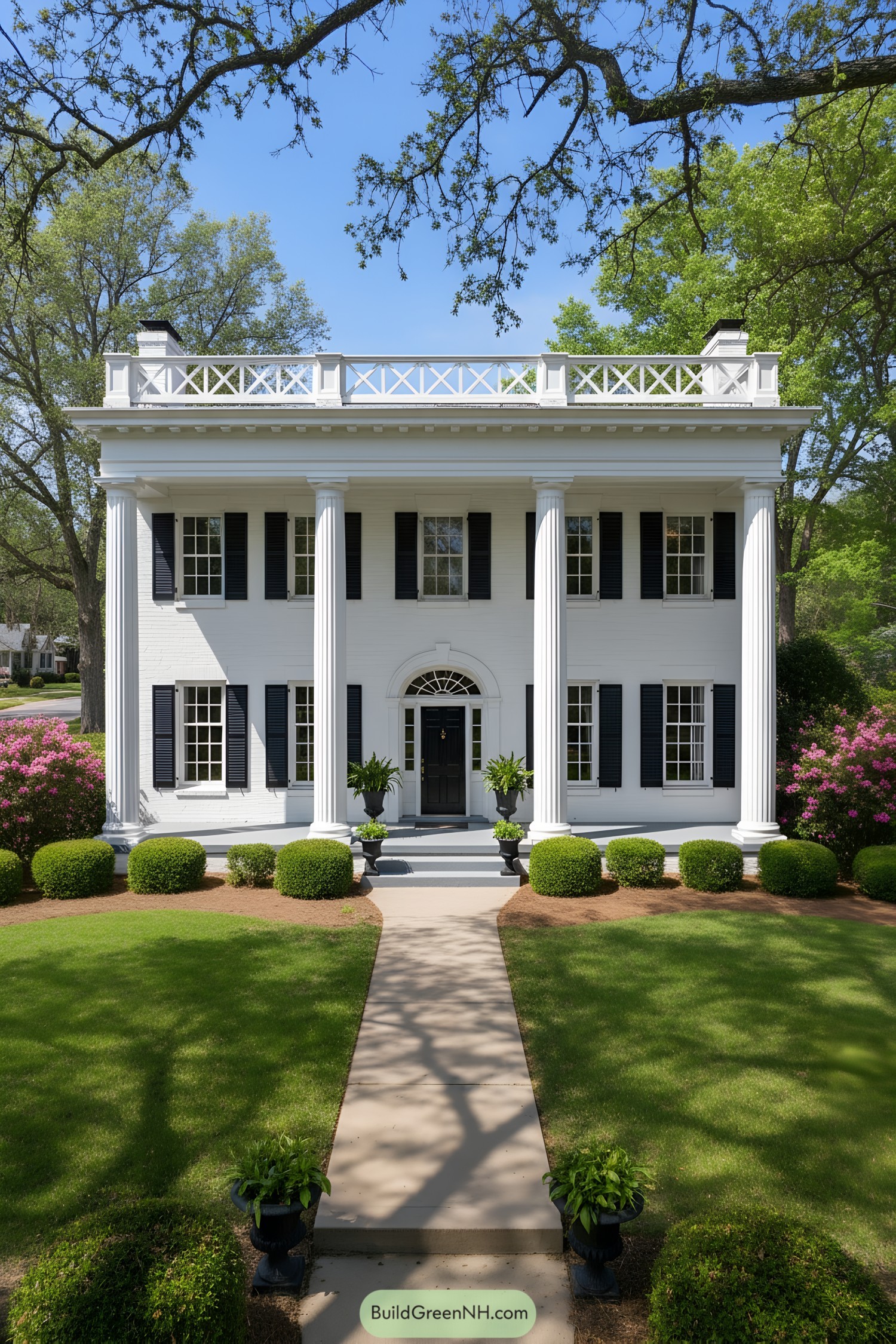 White brick colonial with tall columns and black shutters