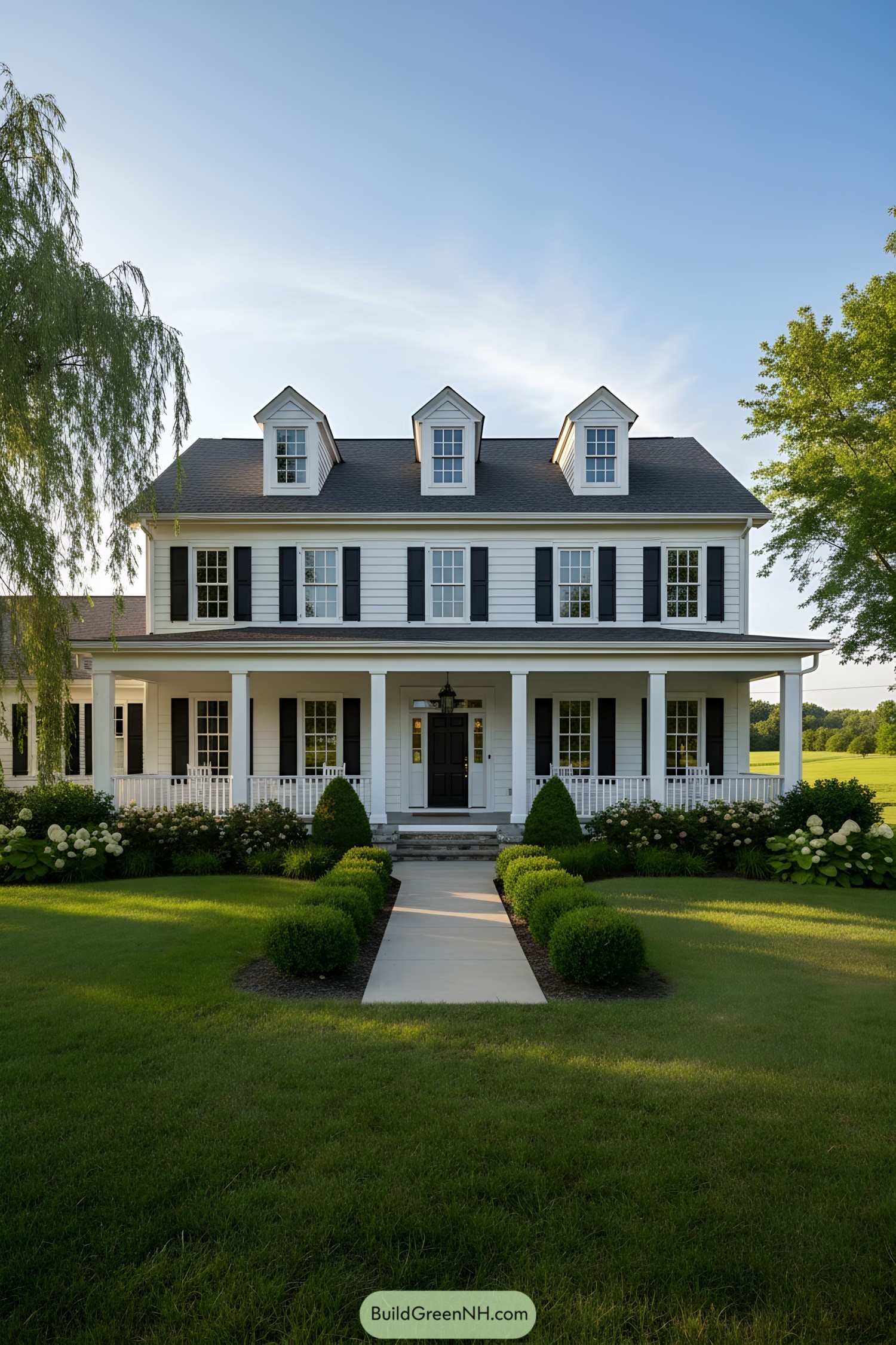 White clapboard colonial with wraparound porch and dormers