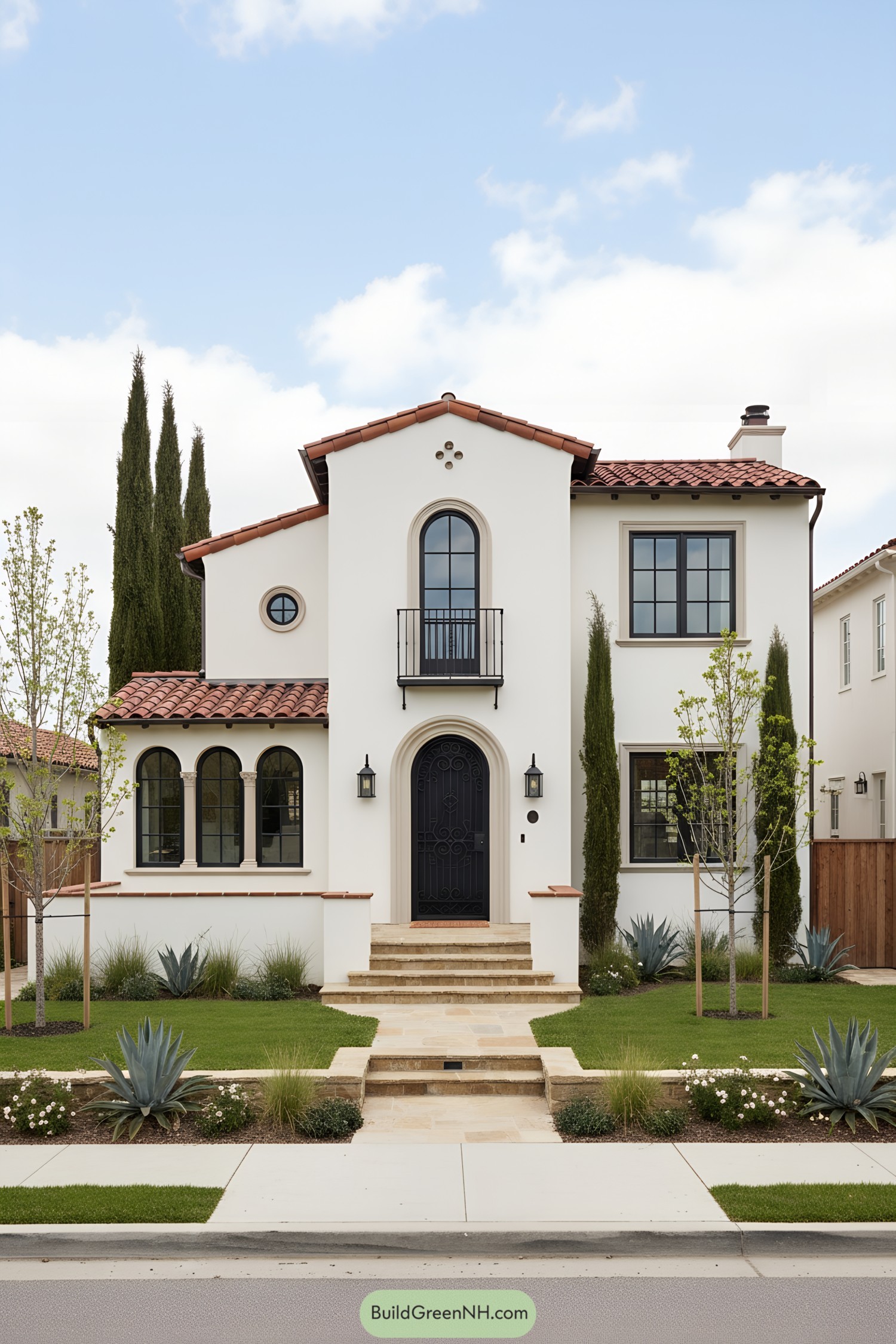 White stucco Spanish-style home with red clay tile roof, arched windows, and wrought-iron balcony and door