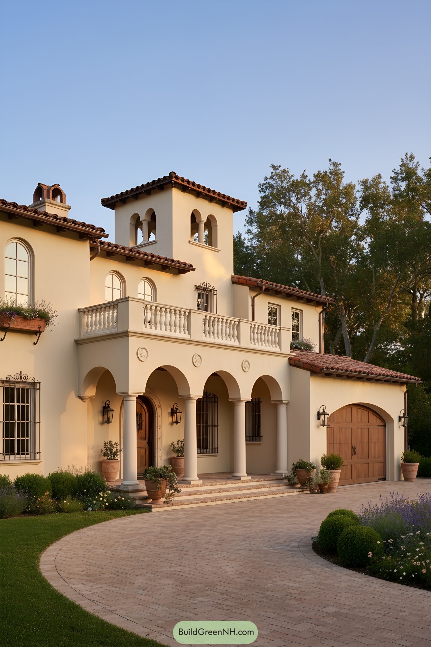 Spanish colonial home with arches and tower