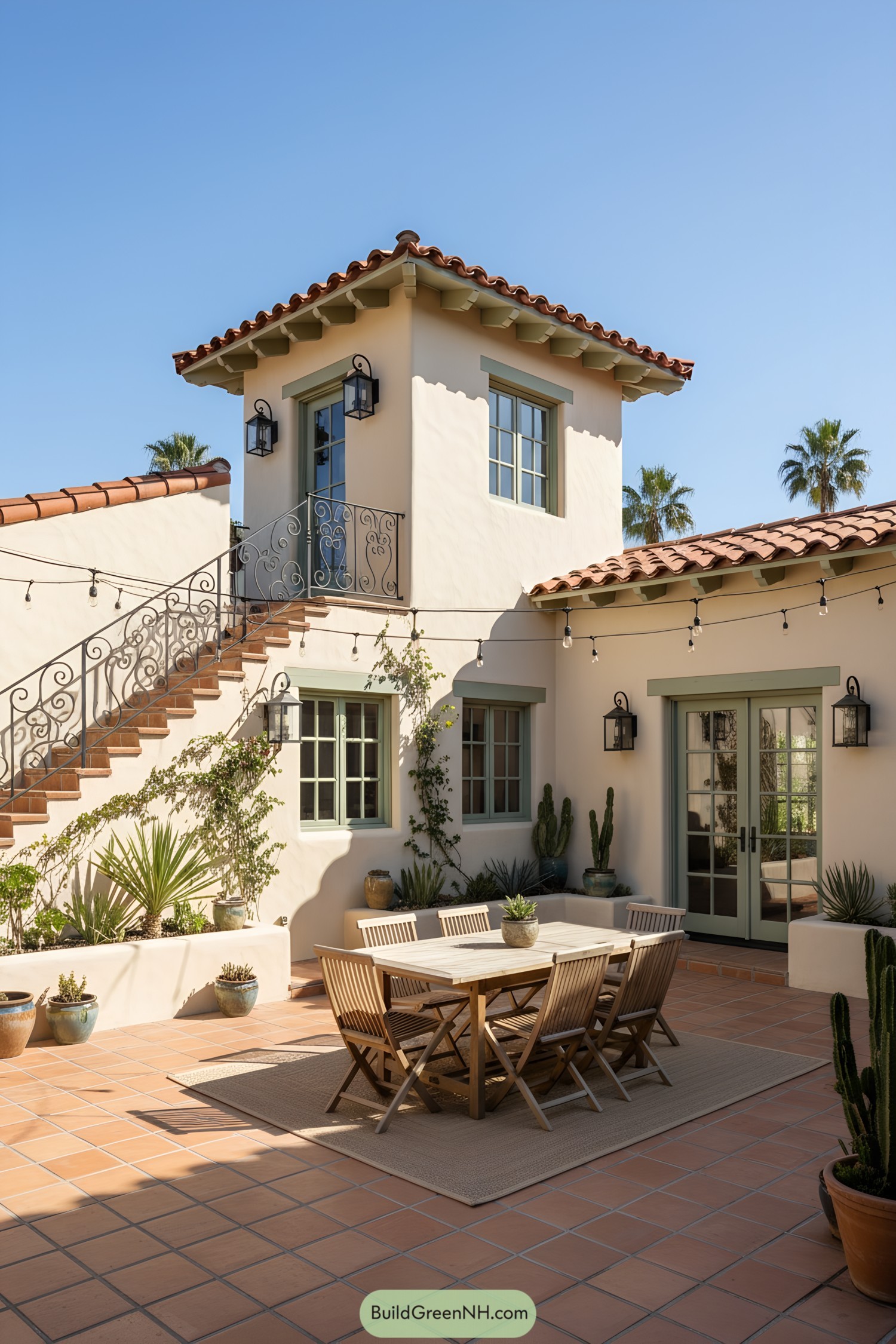 Spanish Colonial courtyard with sage-trim doors, clay tiles, and wrought-iron stair