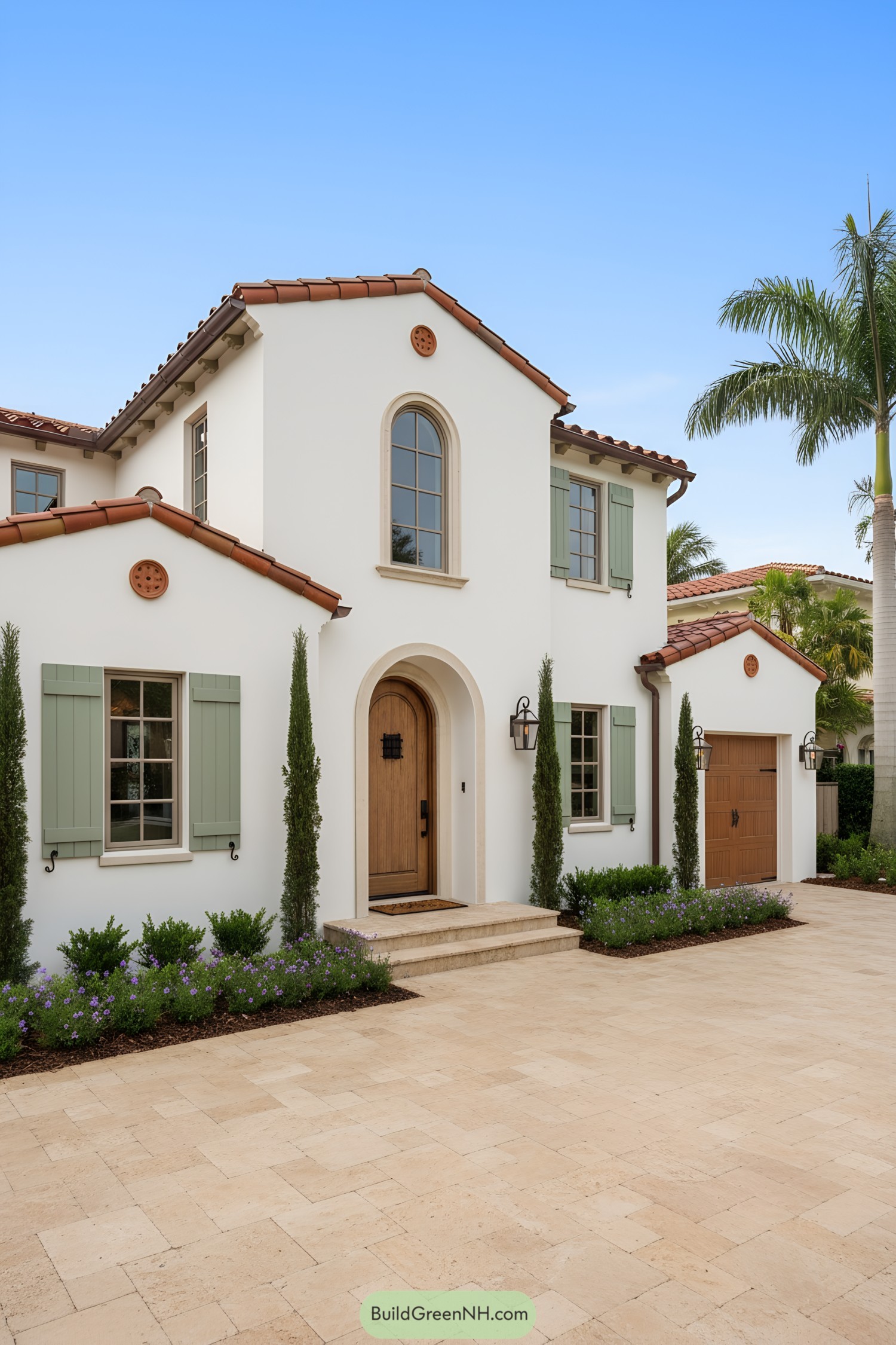 White stucco Spanish-style home with terracotta roof, arched doorway, and sage-green shutters