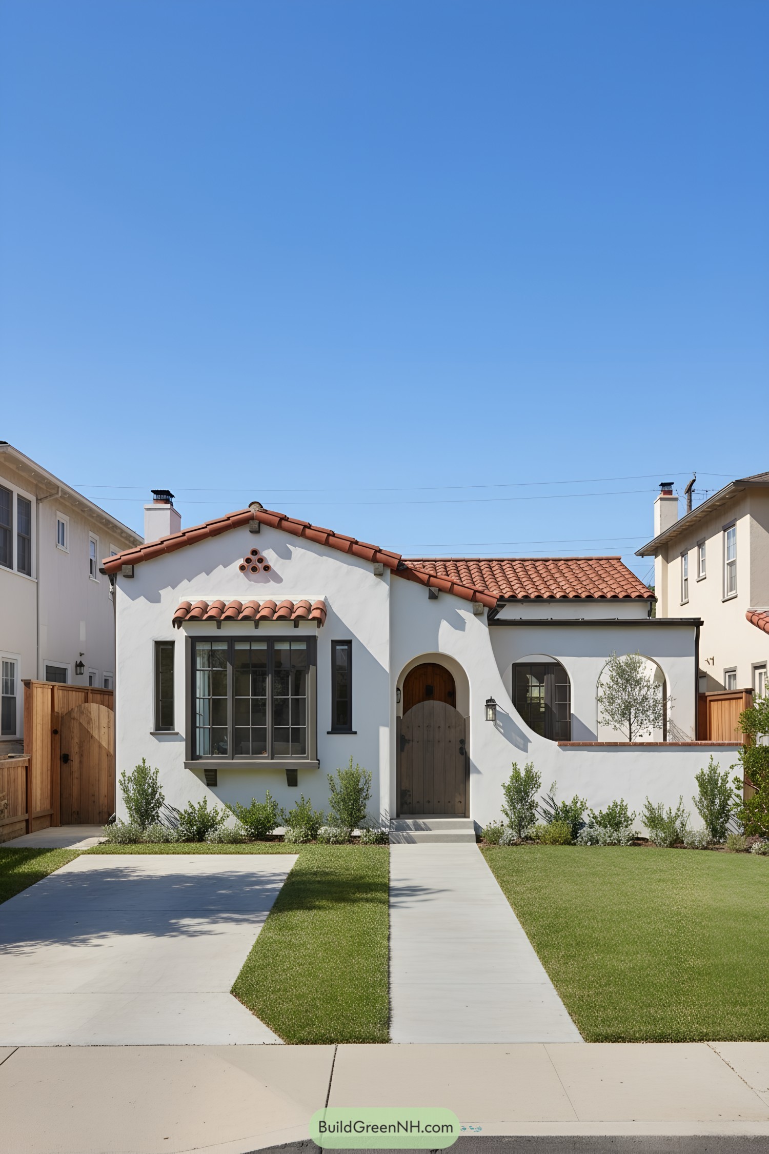 White stucco bungalow with red clay-tile roofs, arched entry, and small walled patio