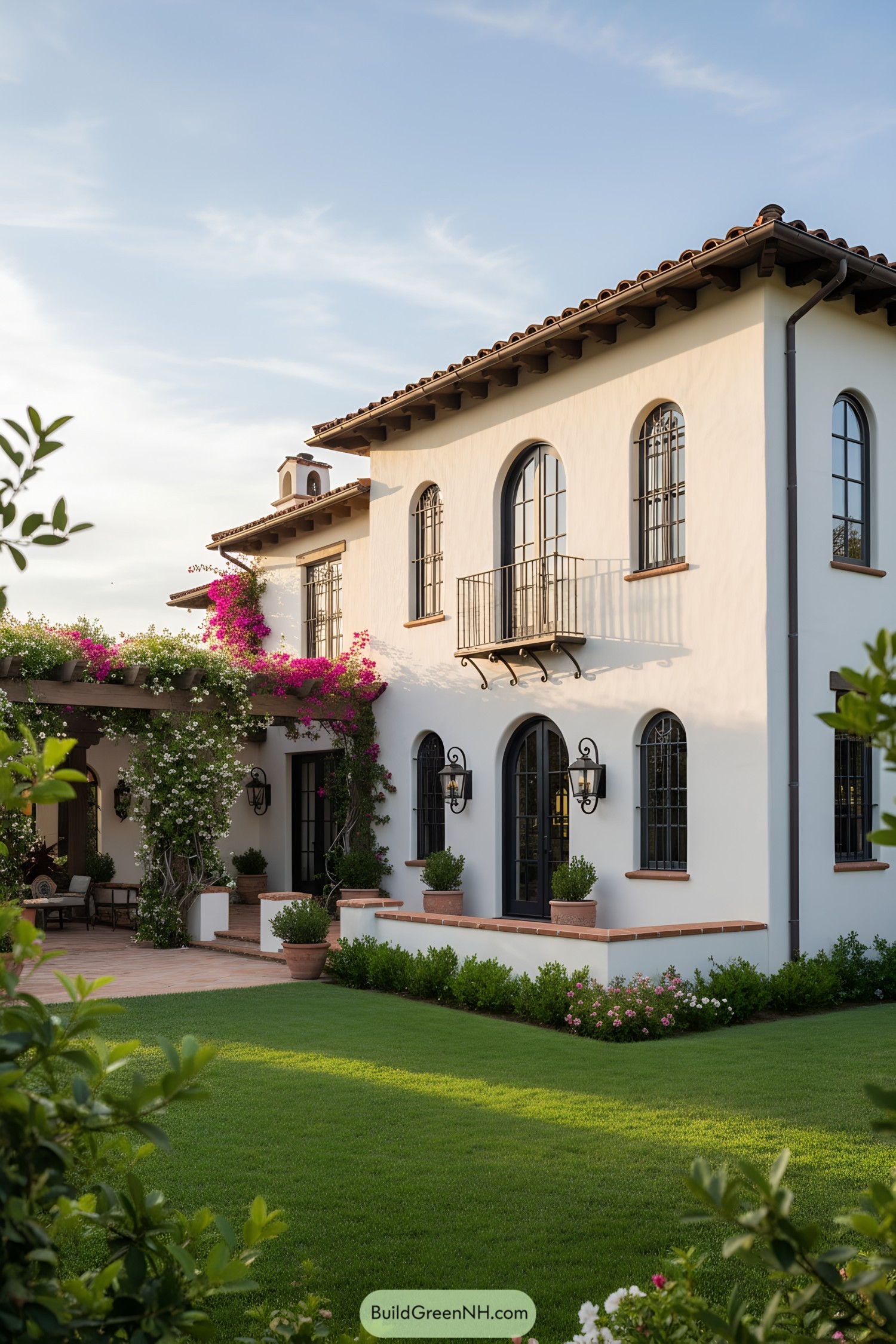 White stucco villa with clay tile roof, arched windows, and bougainvillea-covered pergola