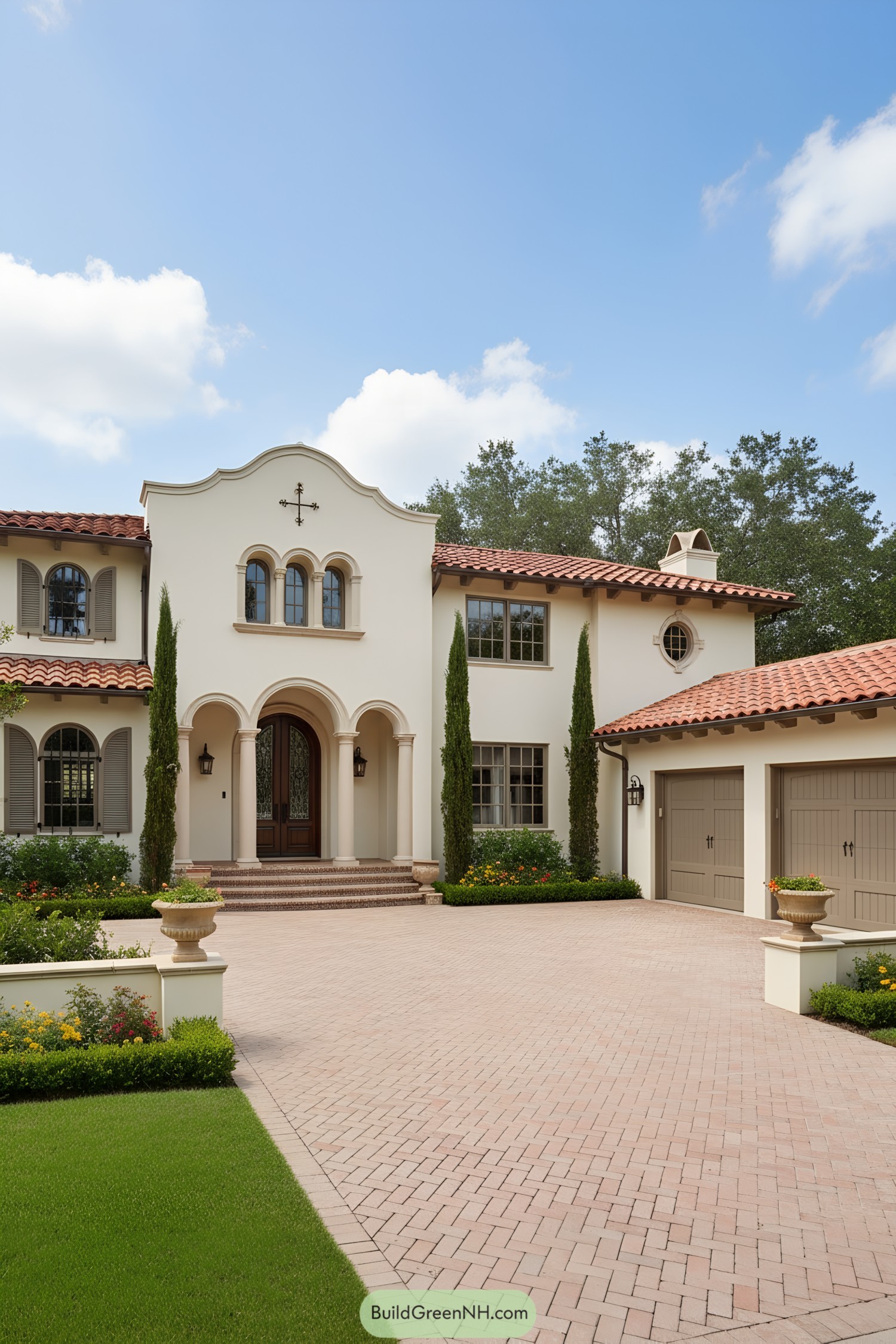 Two-story stucco home with clay tiles