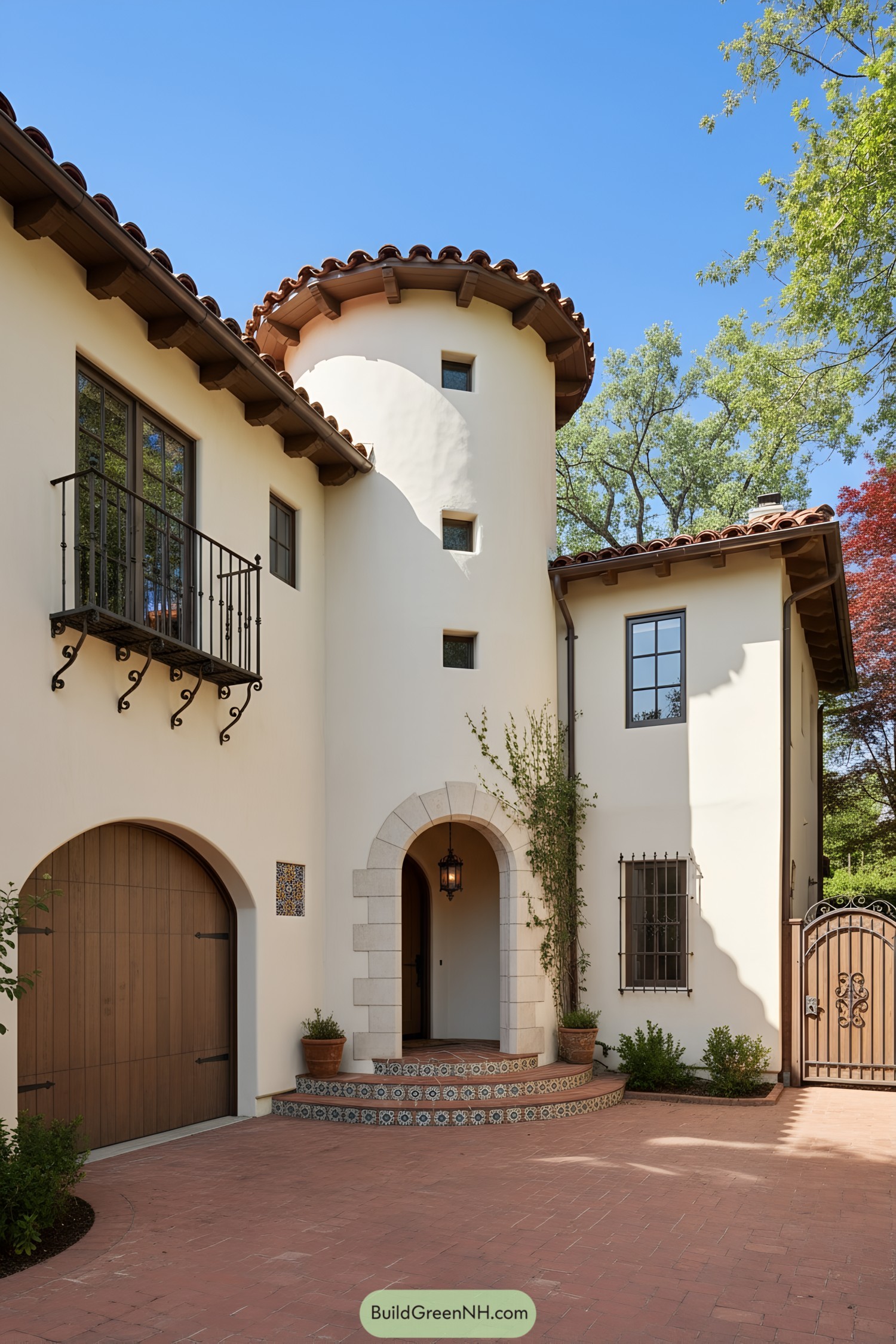 Spanish colonial home with round tower, arched doorway, and terracotta roof tiles