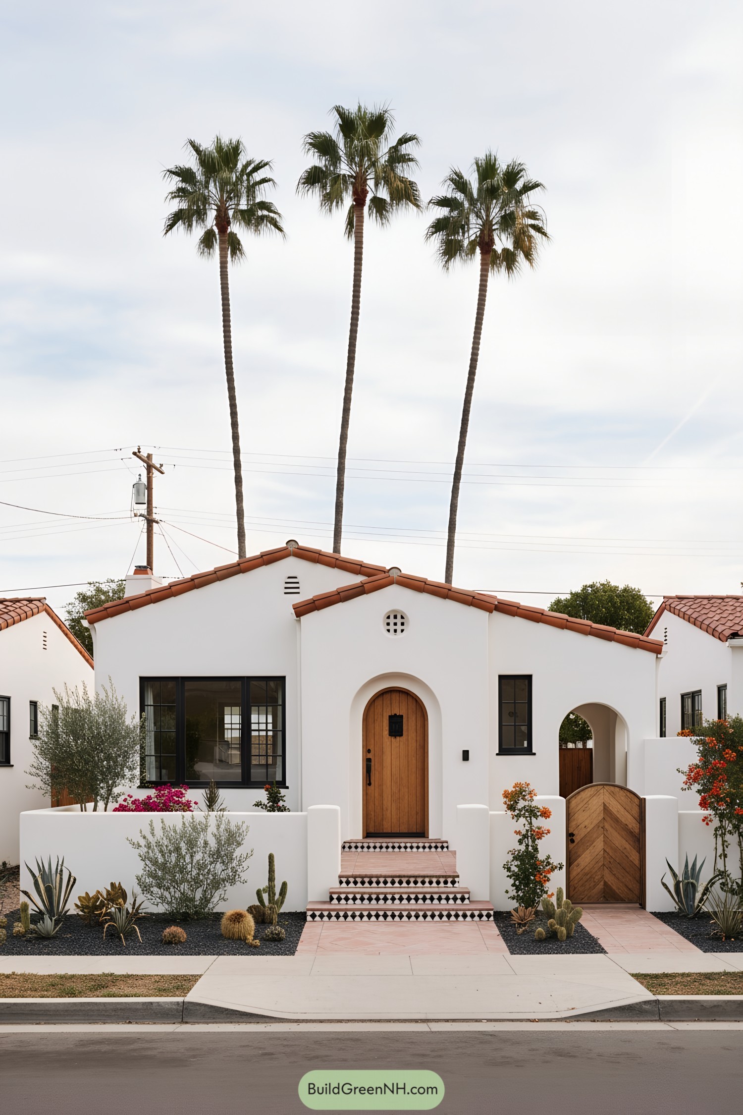 White stucco bungalow with terracotta gable roof, arched doorway, black windows, and desert landscaping