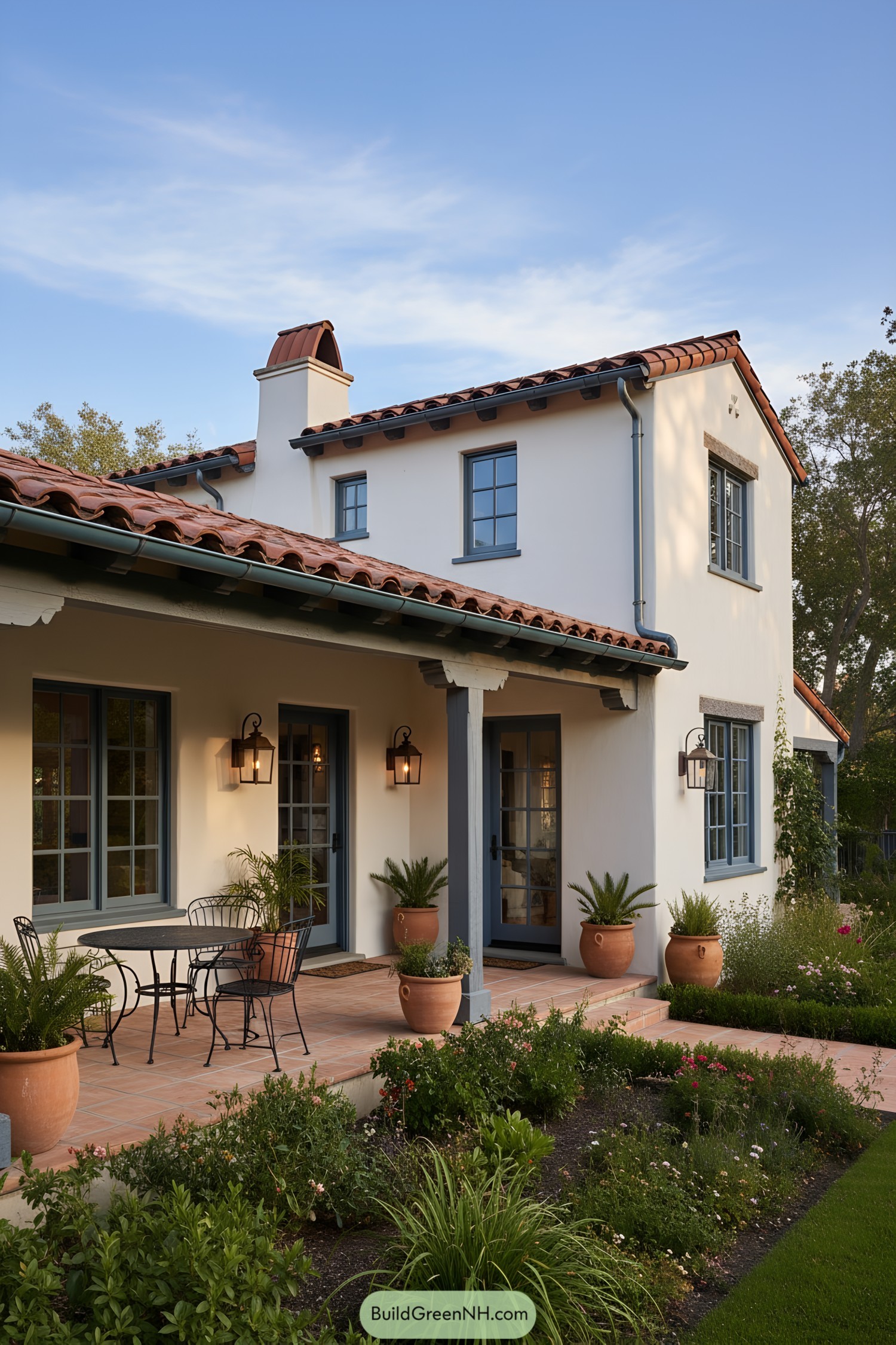 White stucco home with clay-tile roof and blue-trimmed windows