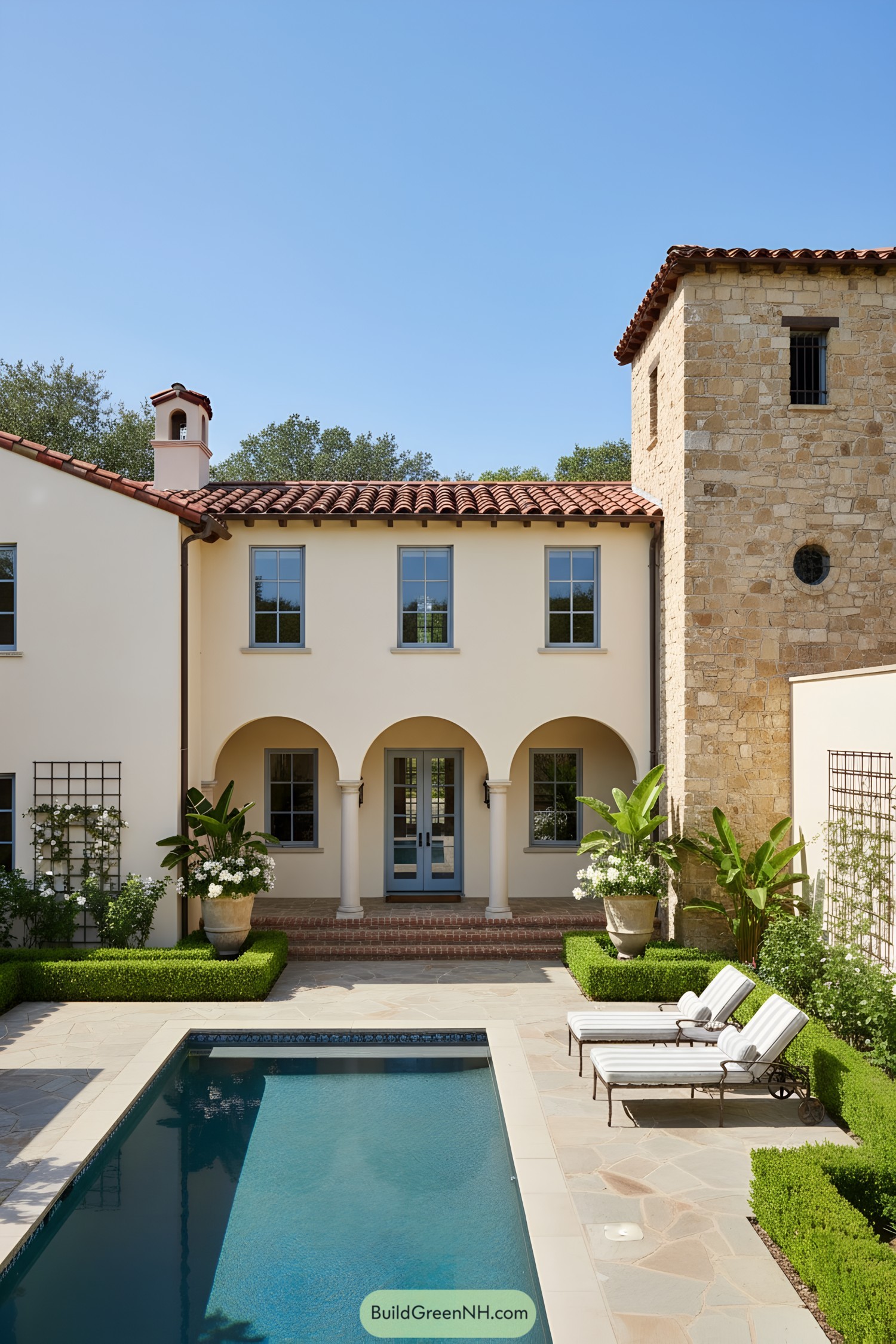 Spanish colonial courtyard with arches, pool, and tile roof