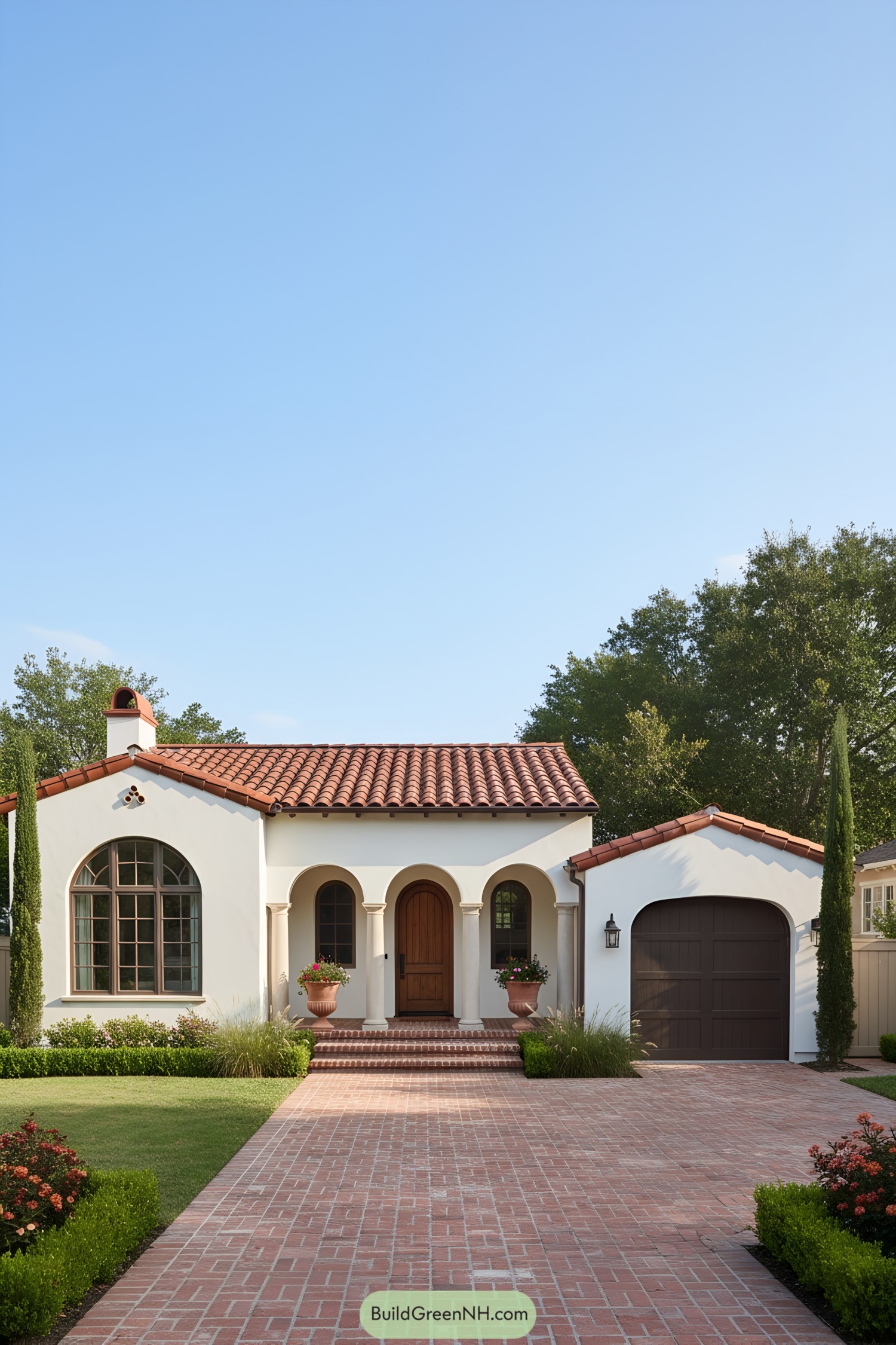 Spanish colonial home with arched porch, red tile roof, and brick drive